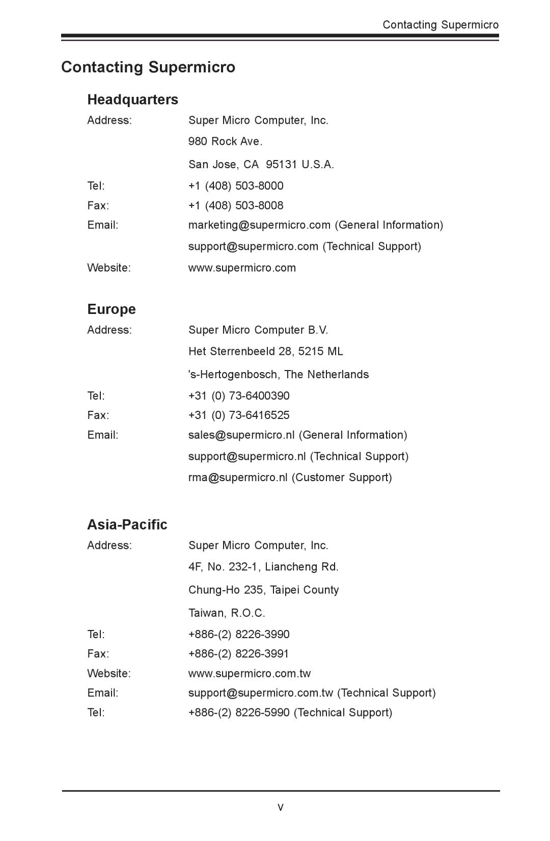 SUPER MICRO Computer 1.2b user manual Contacting Supermicro, Headquarters, Europe, Asia-Pacific 