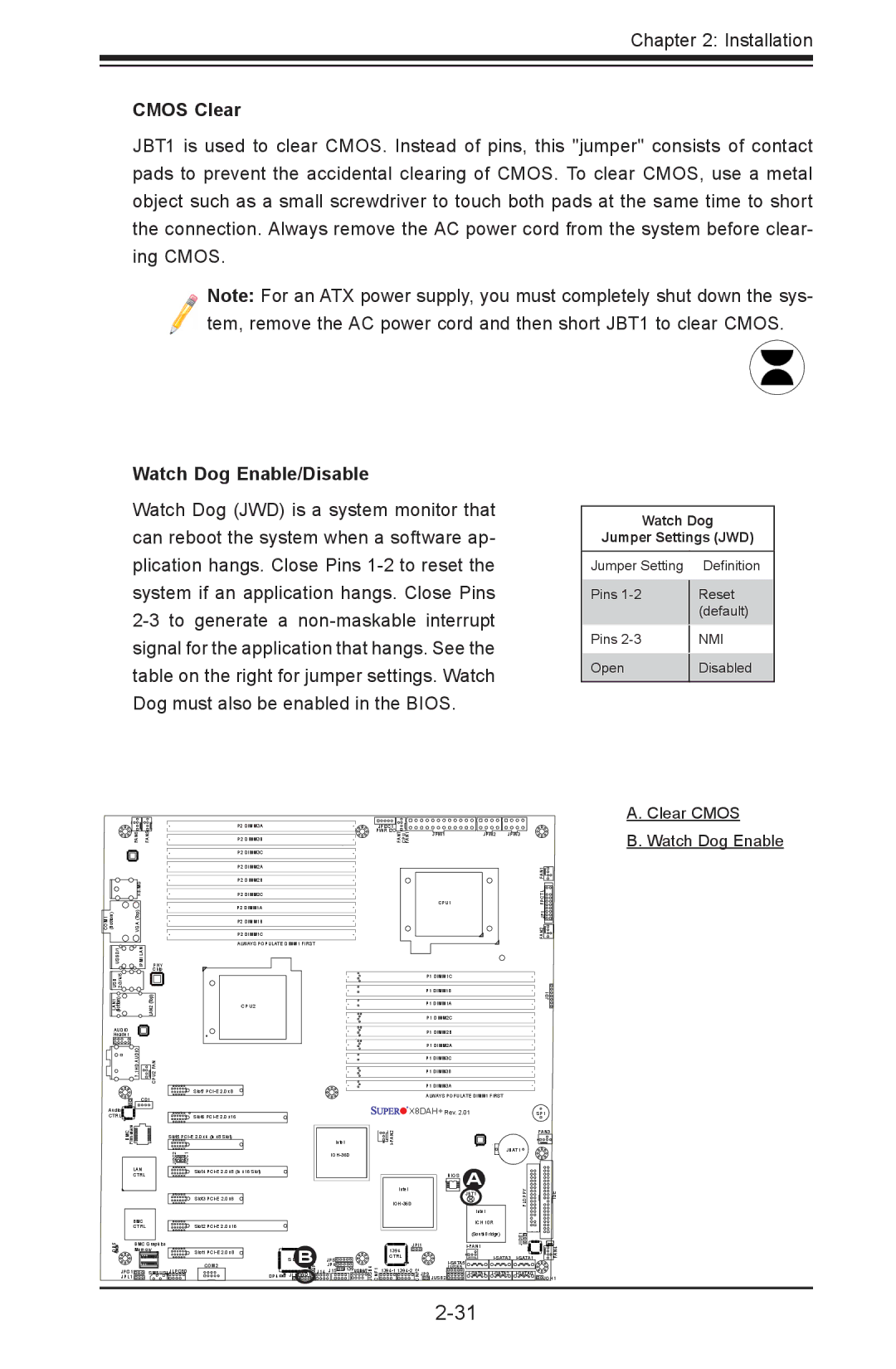 SUPER MICRO Computer 1.2b Cmos Clear, Watch Dog Enable/Disable, Clear Cmos Watch Dog Enable, Watch Dog Jumper Settings JWD 