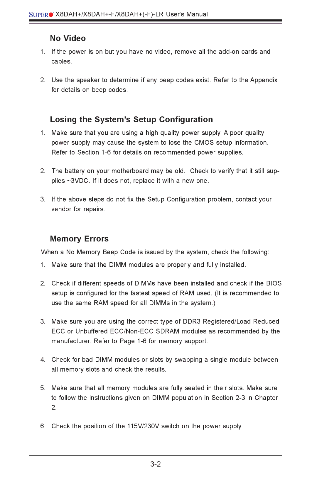 SUPER MICRO Computer 1.2b user manual No Video, Losing the System’s Setup Configuration, Memory Errors 