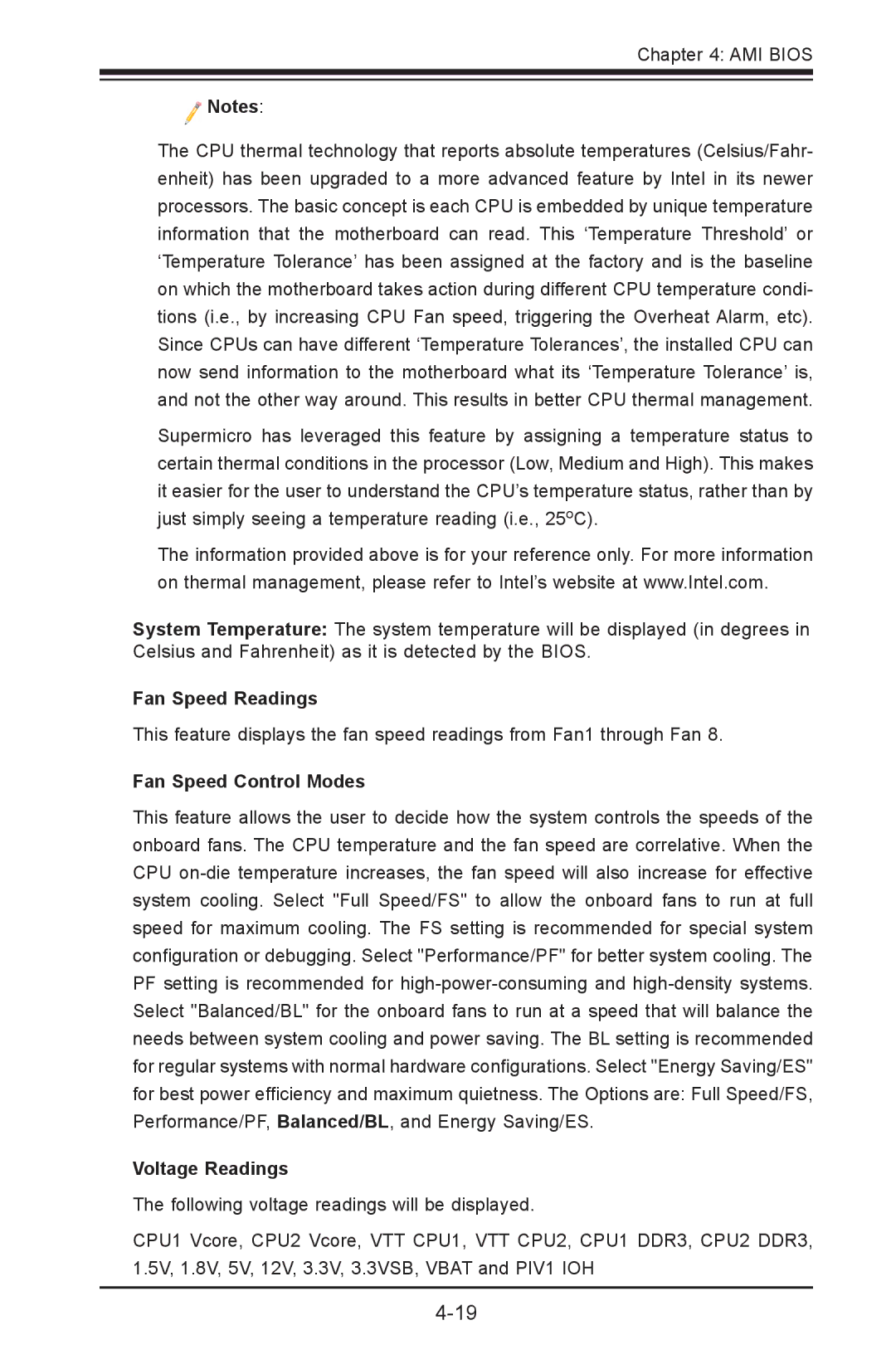 SUPER MICRO Computer 1.2b user manual Fan Speed Readings, Fan Speed Control Modes, Voltage Readings 