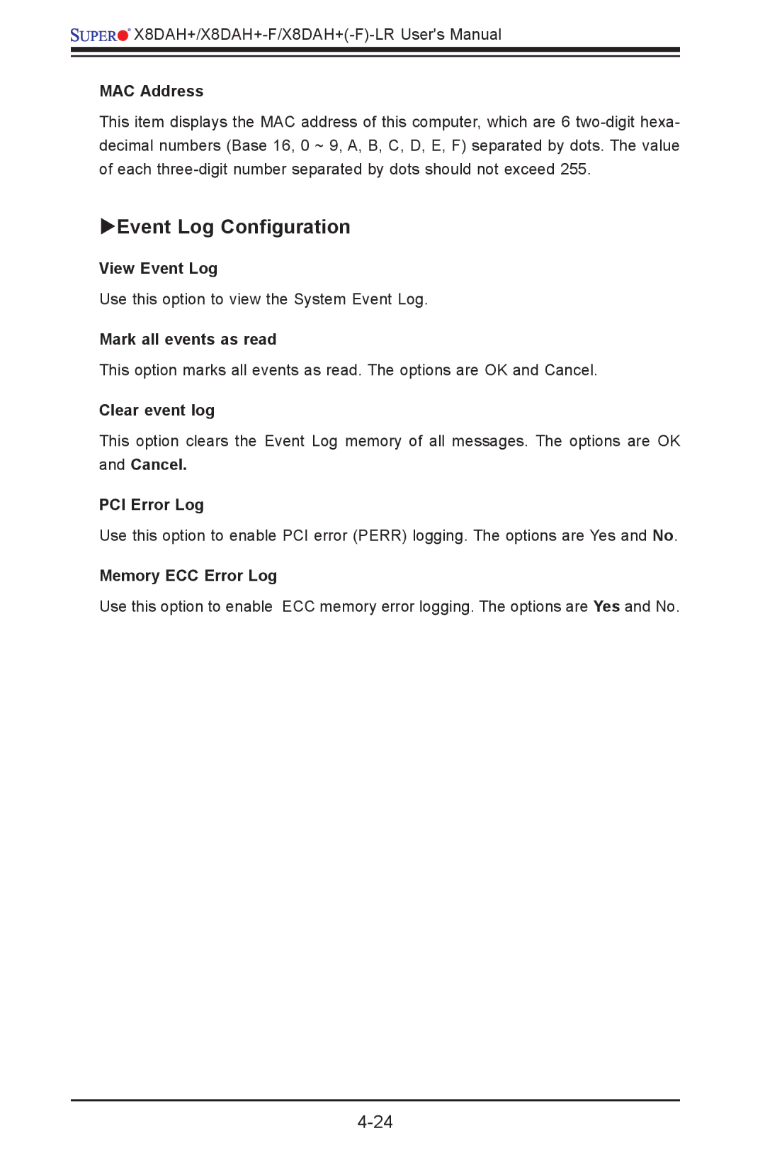 SUPER MICRO Computer 1.2b user manual Event Log Configuration 