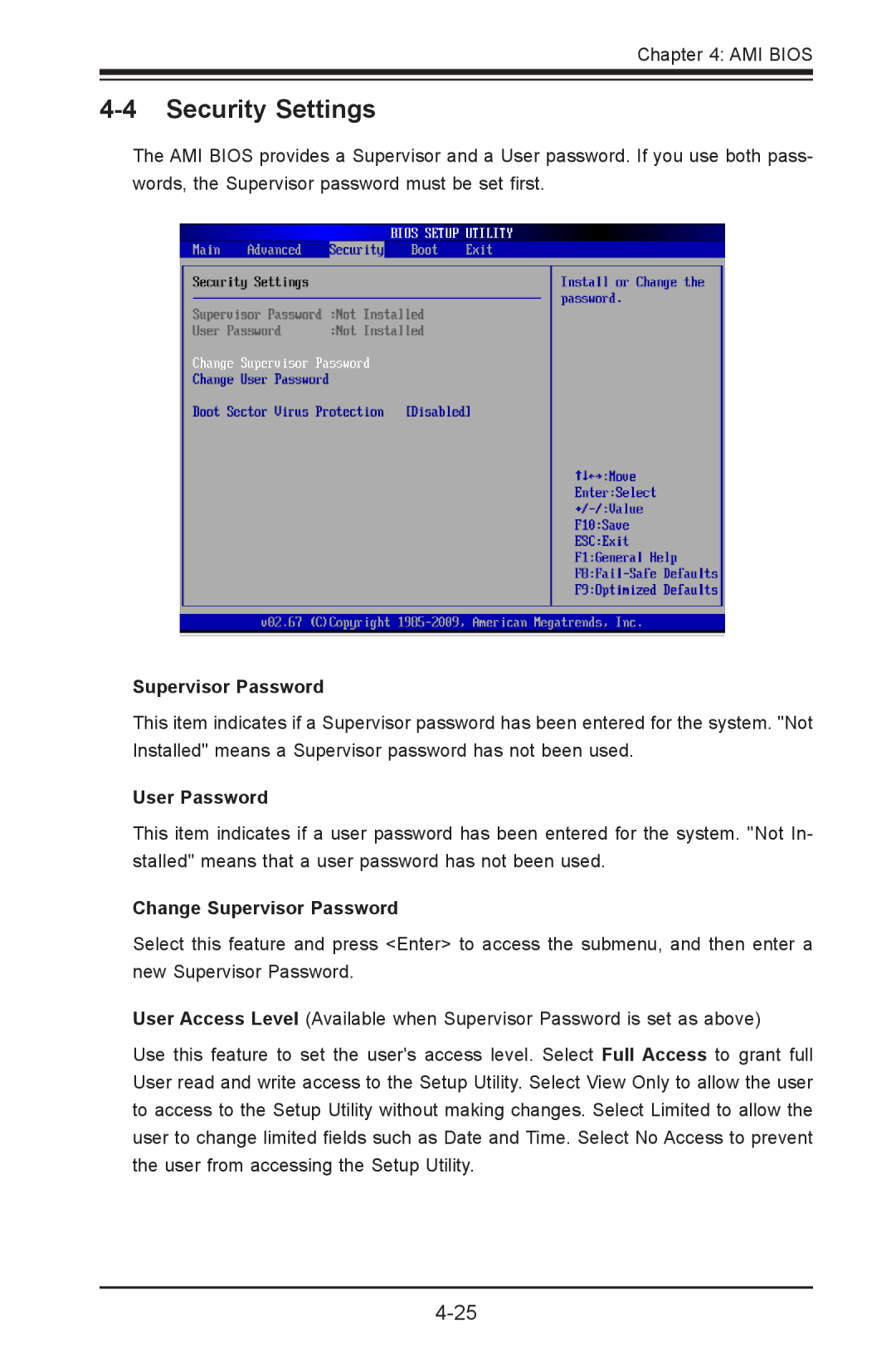 SUPER MICRO Computer 1.2b user manual Security Settings, User Password, Change Supervisor Password 