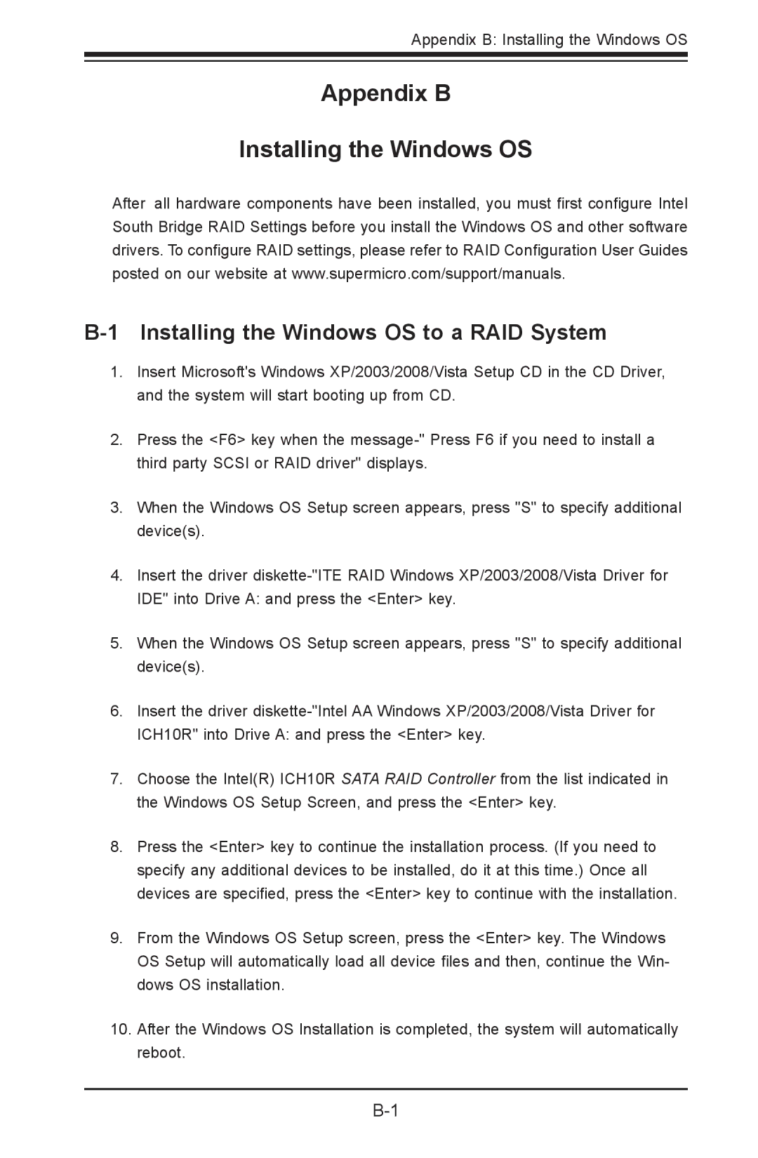 SUPER MICRO Computer 1.2b user manual Appendix B Installing the Windows OS, Installing the Windows OS to a RAID System 