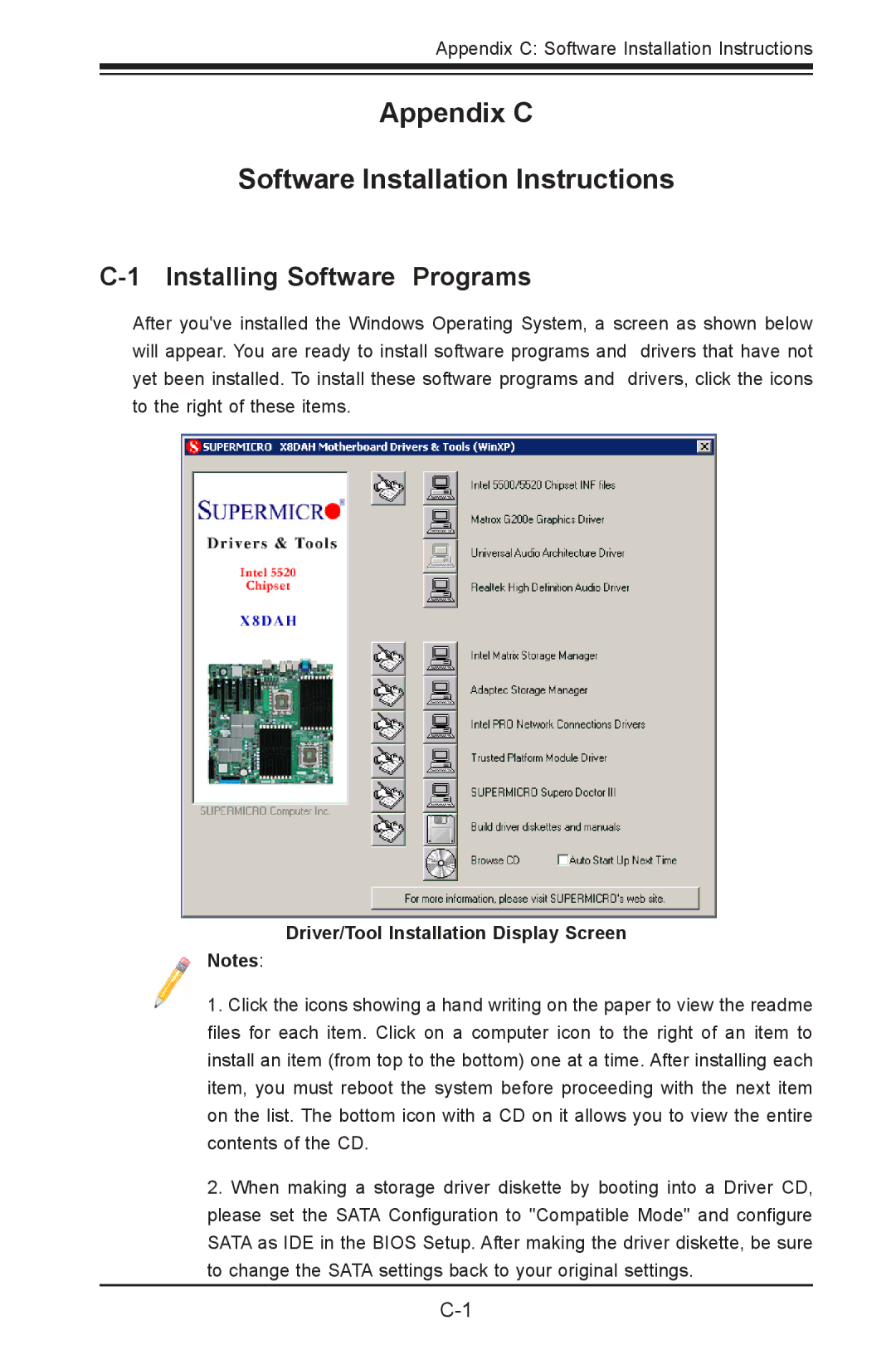 SUPER MICRO Computer 1.2b user manual Installing Software Programs, Driver/Tool Installation Display Screen 