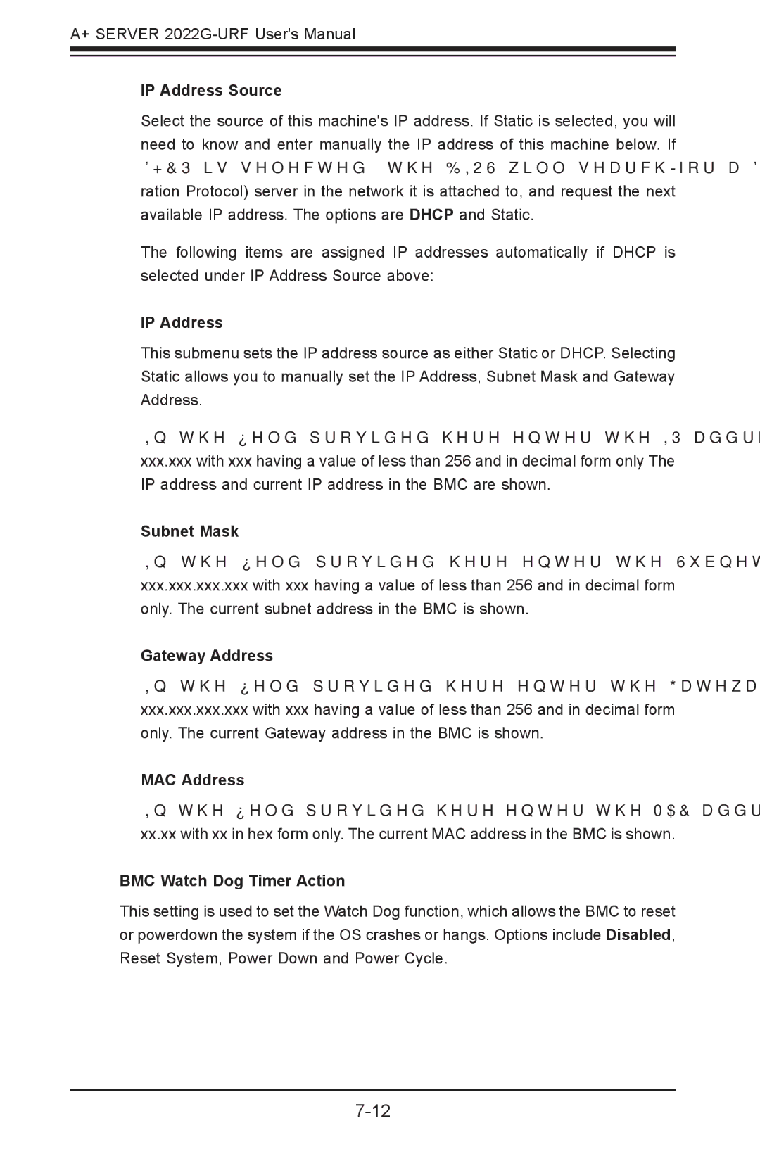 SUPER MICRO Computer 2022G-URF IP Address Source, Subnet Mask, Gateway Address, MAC Address, BMC Watch Dog Timer Action 