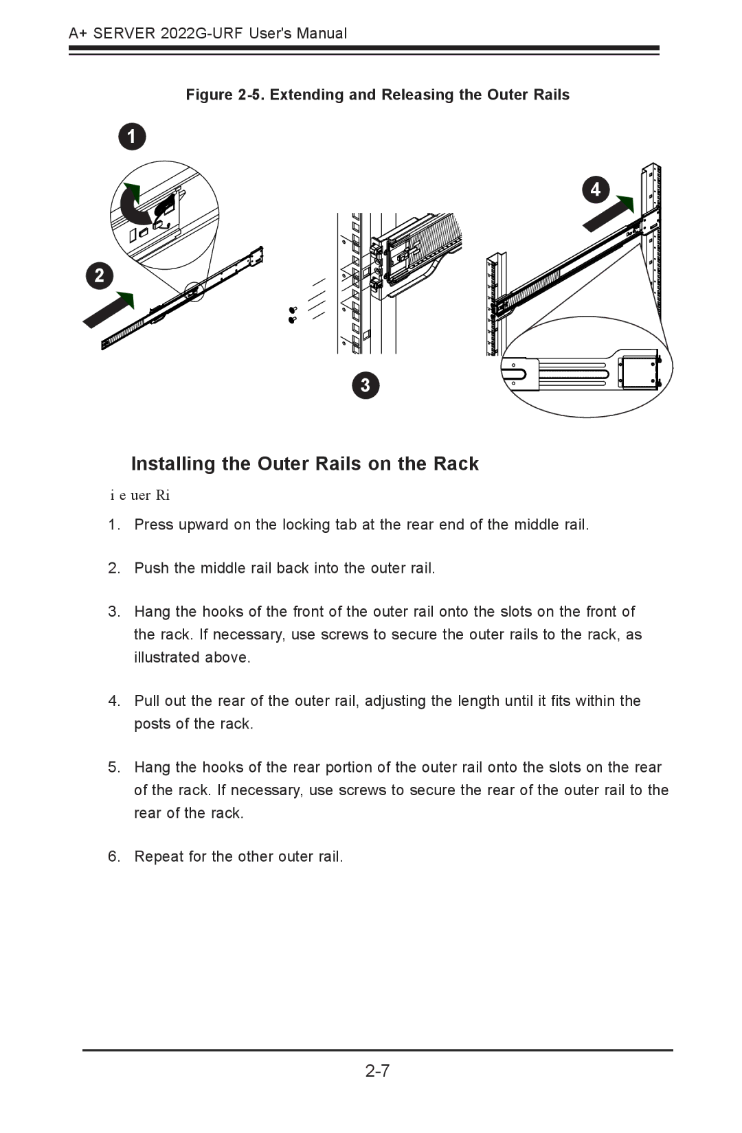 SUPER MICRO Computer 2022G-URF user manual Installing the Outer Rails on the Rack 