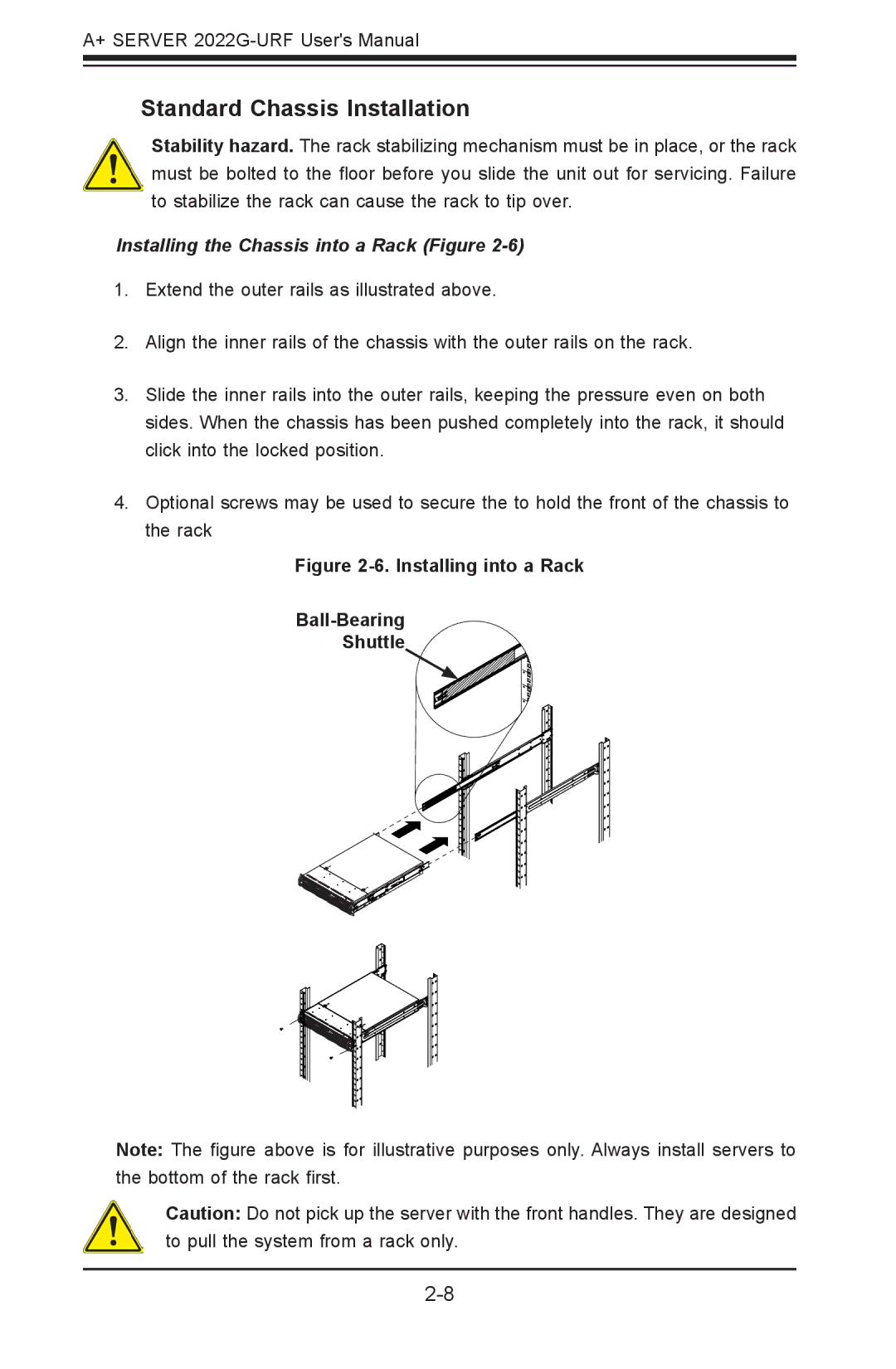 SUPER MICRO Computer 2022G-URF user manual Standard Chassis Installation, Installing the Chassis into a Rack Figure 