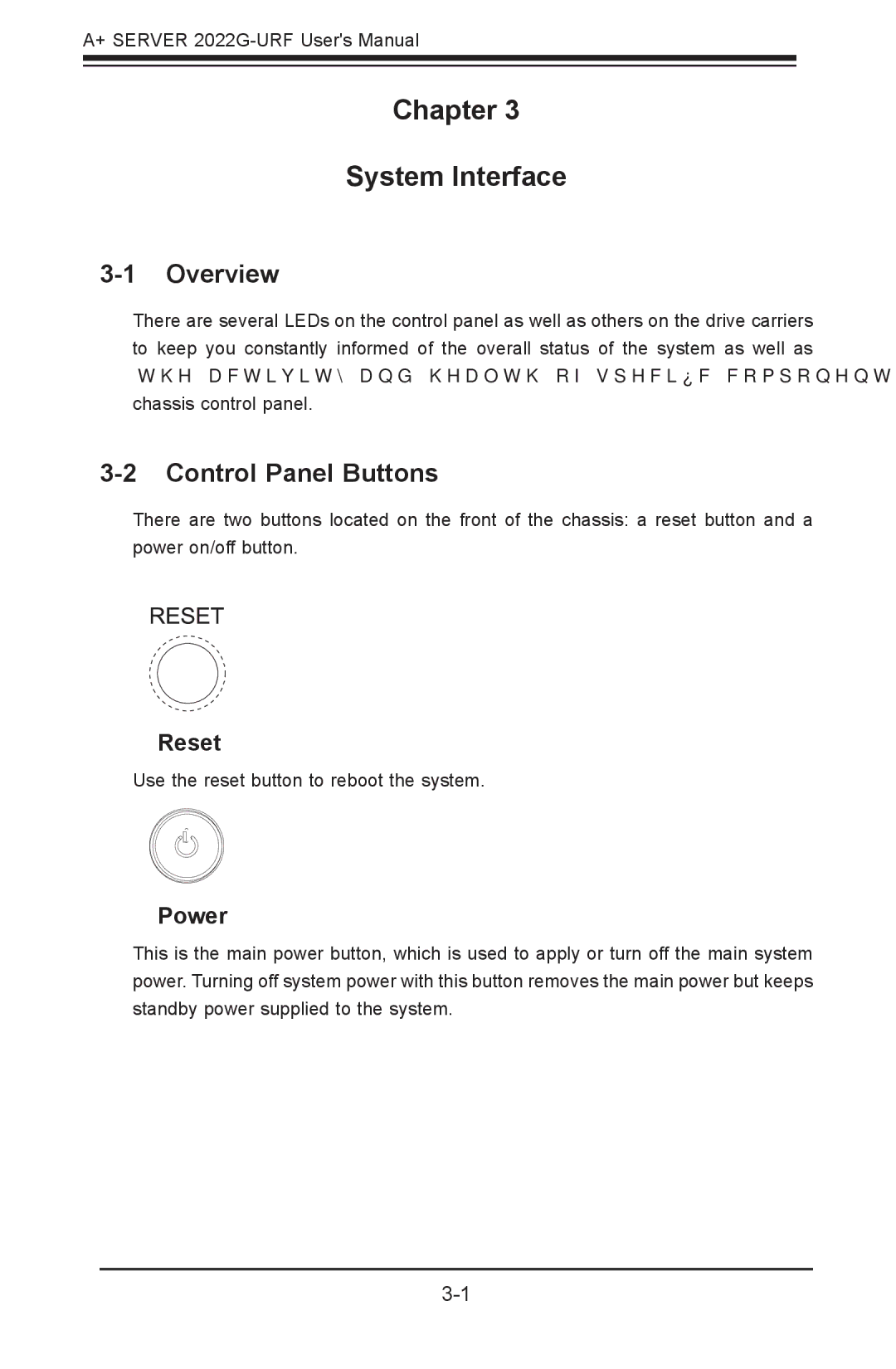 SUPER MICRO Computer 2022G-URF user manual Chapter System Interface, Control Panel Buttons, Reset, Power 