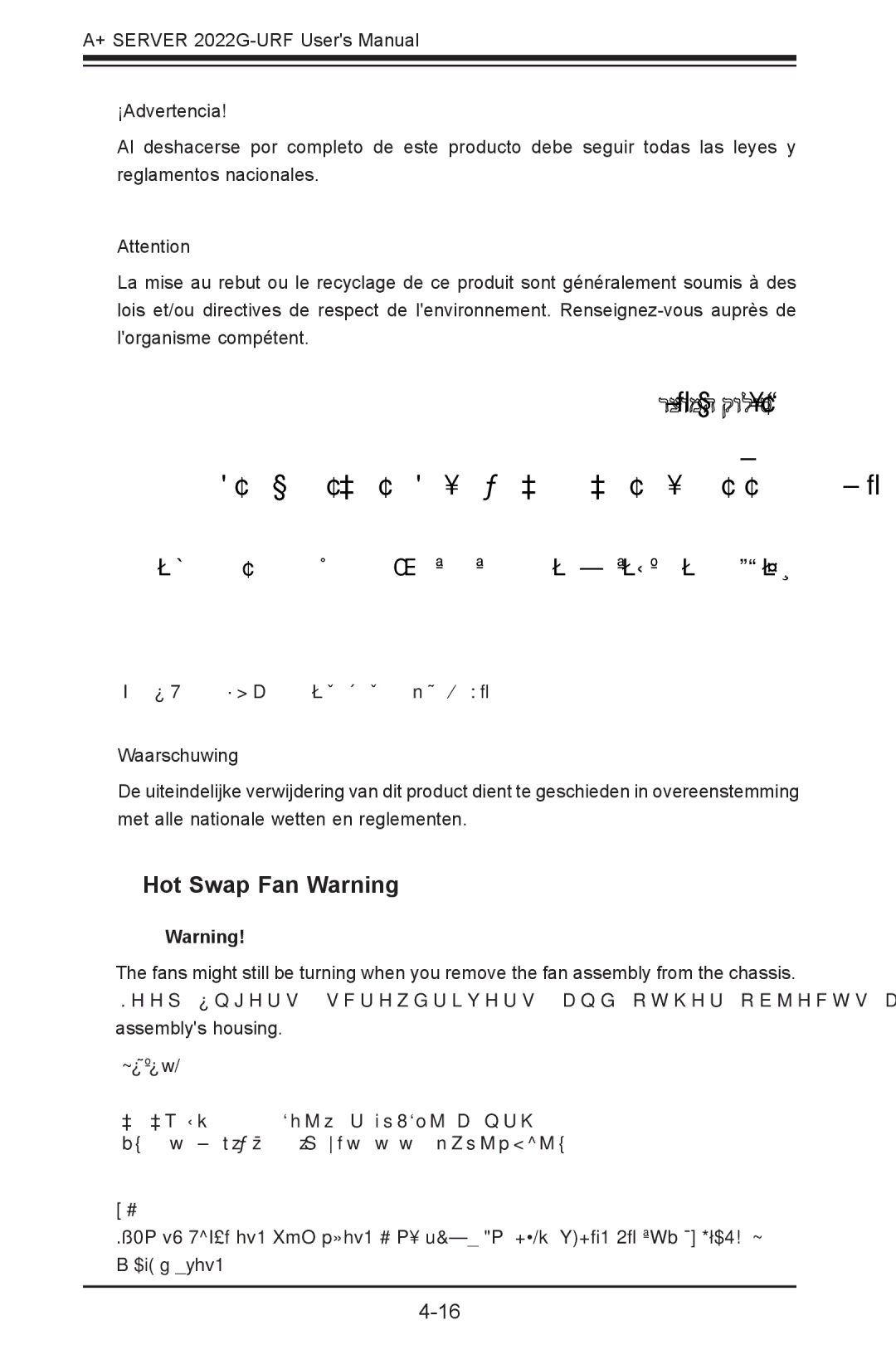 SUPER MICRO Computer 2022G-URF user manual Hot Swap Fan Warning 