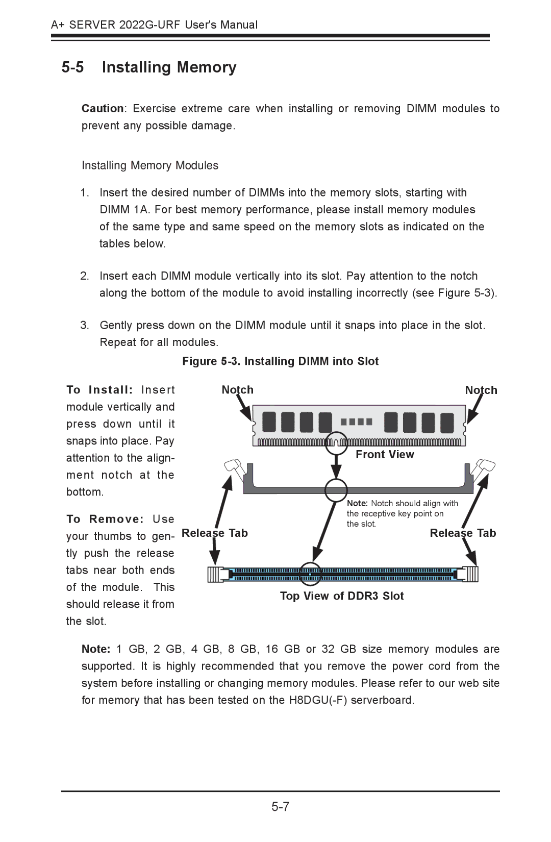 SUPER MICRO Computer 2022G-URF user manual Installing Memory Modules, Top View of DDR3 Slot 