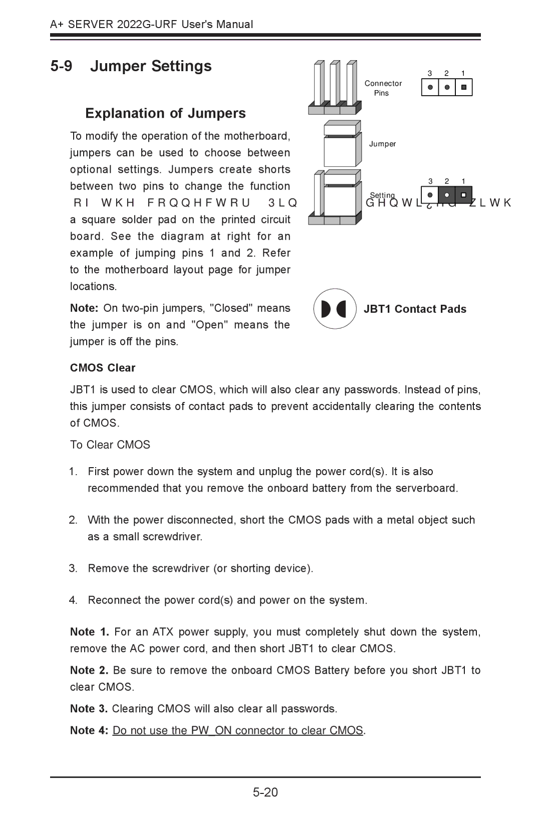 SUPER MICRO Computer 2022G-URF Jumper Settings, Explanation of Jumpers, Cmos Clear, JBT1 Contact Pads, To Clear Cmos 