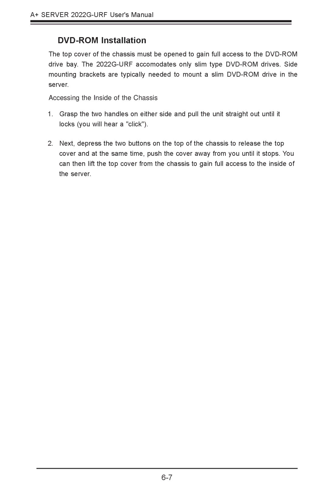 SUPER MICRO Computer 2022G-URF user manual DVD-ROM Installation, Accessing the Inside of the Chassis 