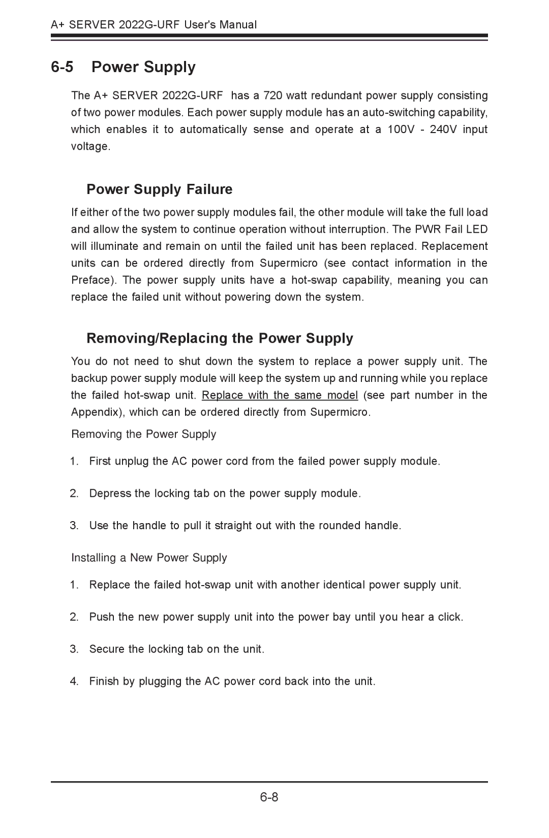 SUPER MICRO Computer 2022G-URF Power Supply Failure, Removing/Replacing the Power Supply, Removing the Power Supply 