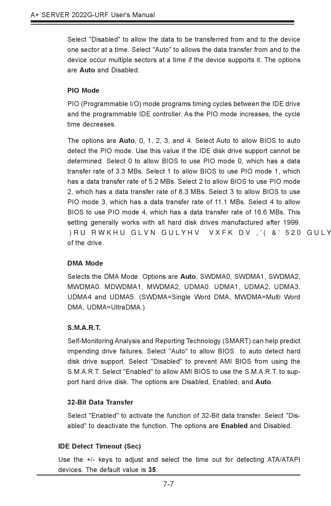 SUPER MICRO Computer 2022G-URF user manual PIO Mode, DMA Mode, A.R.T, Bit Data Transfer, IDE Detect Timeout Sec 