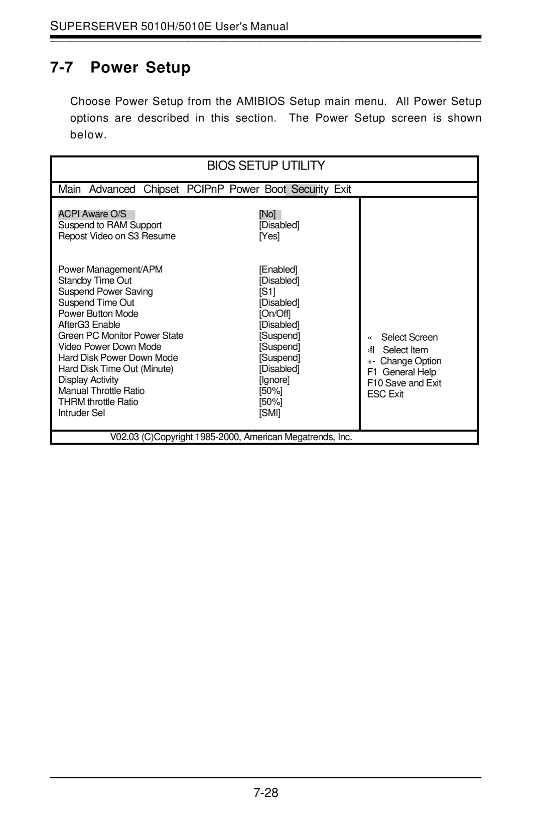 SUPER MICRO Computer 5010E, 5010H user manual Power Setup, Boot Security Exit 