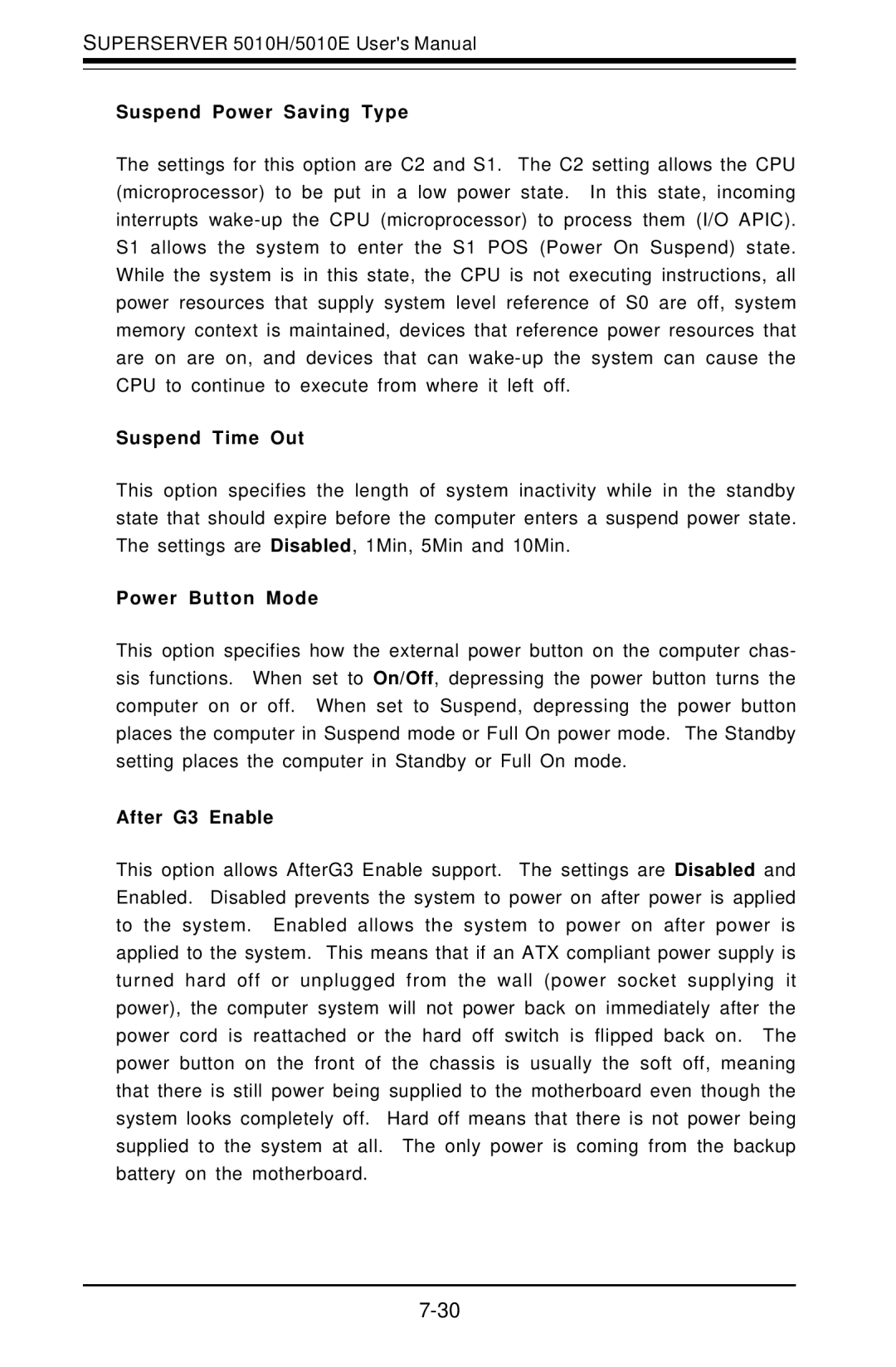 SUPER MICRO Computer 5010E, 5010H Suspend Power Saving Type, Suspend Time Out, Power Button Mode, After G3 Enable 