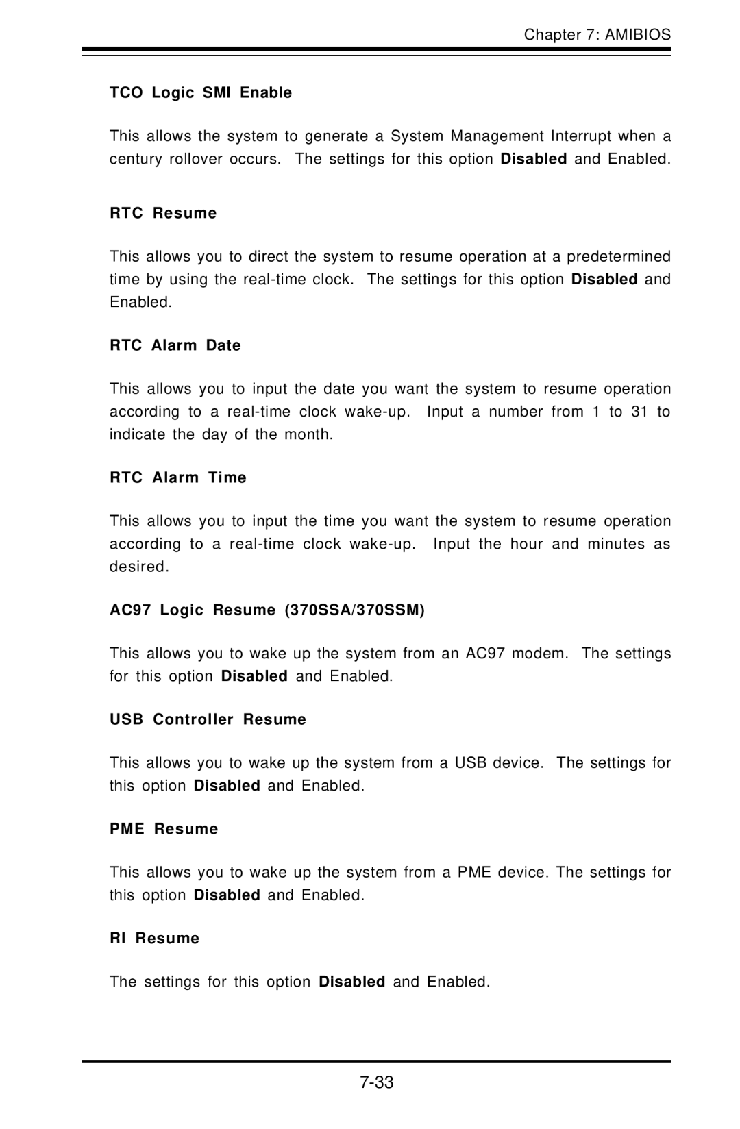 SUPER MICRO Computer 5010H, 5010E TCO Logic SMI Enable, RTC Resume, RTC Alarm Date, RTC Alarm Time, USB Controller Resume 