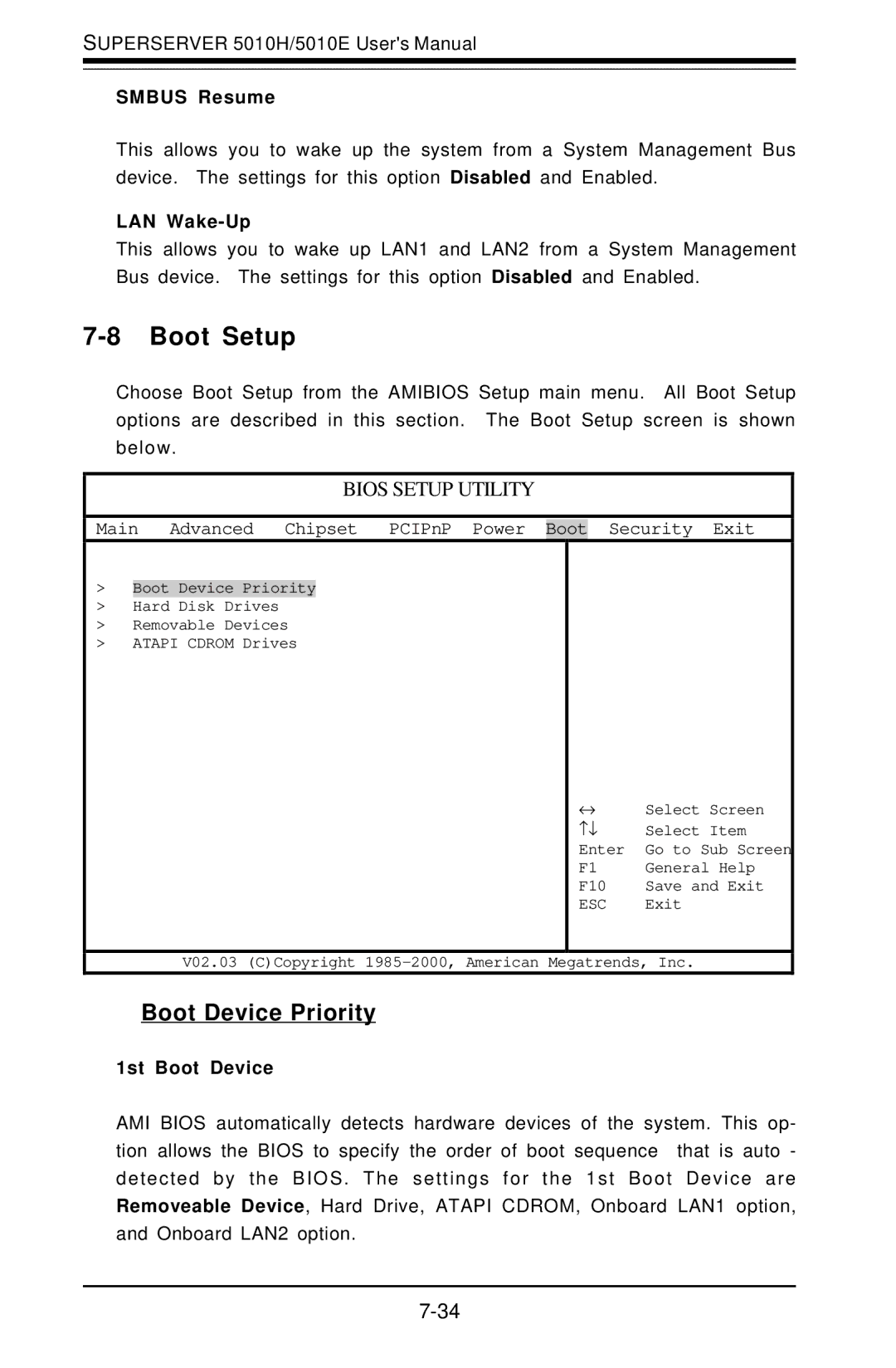 SUPER MICRO Computer 5010E, 5010H user manual Boot Setup, Boot Device Priority, Smbus Resume, LAN Wake-Up, 1st Boot Device 