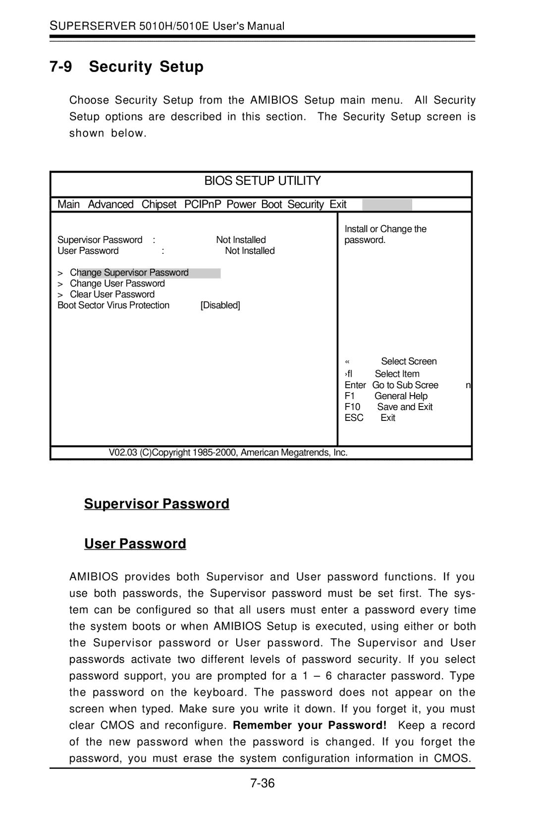 SUPER MICRO Computer 5010E, 5010H user manual Security Setup, Supervisor Password User Password 