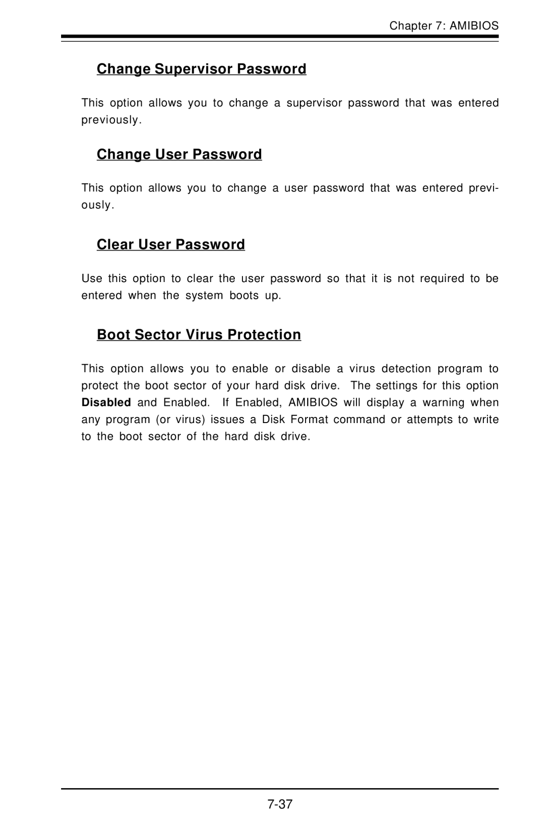 SUPER MICRO Computer 5010H, 5010E user manual Change Supervisor Password, Change User Password, Clear User Password 