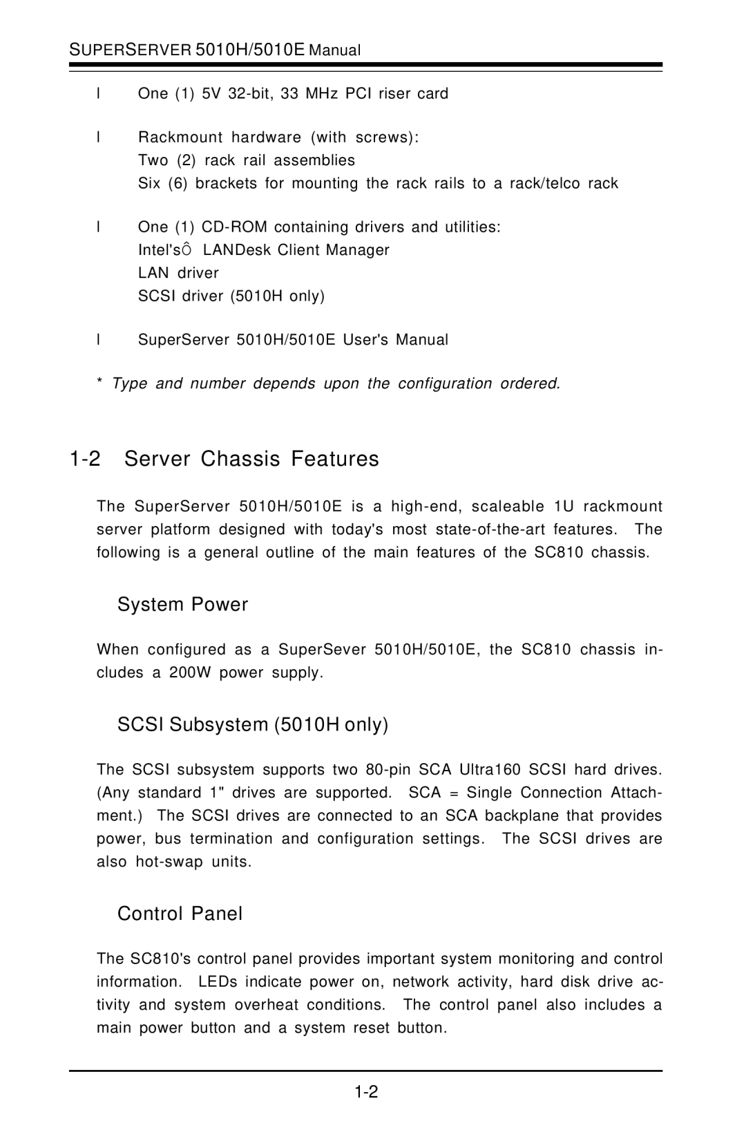 SUPER MICRO Computer 5010E user manual Server Chassis Features, System Power, Scsi Subsystem 5010H only, Control Panel 