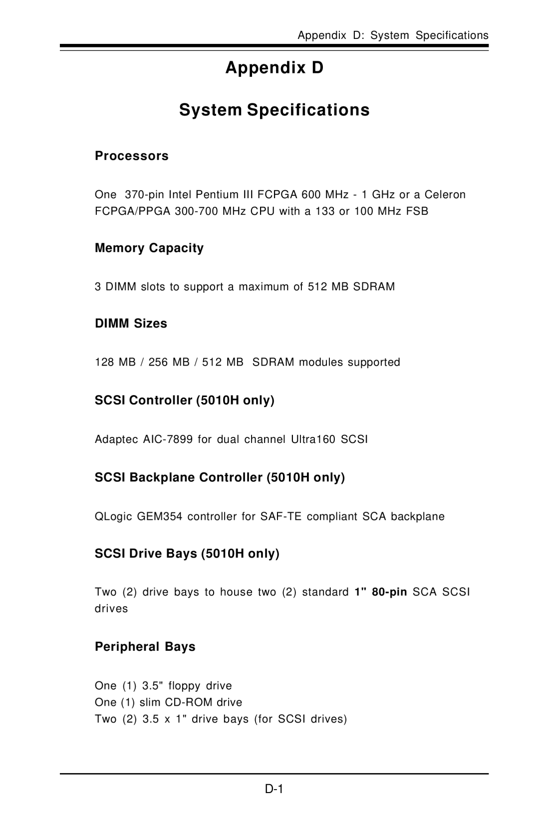 SUPER MICRO Computer 5010H, 5010E user manual Appendix D System Specifications 