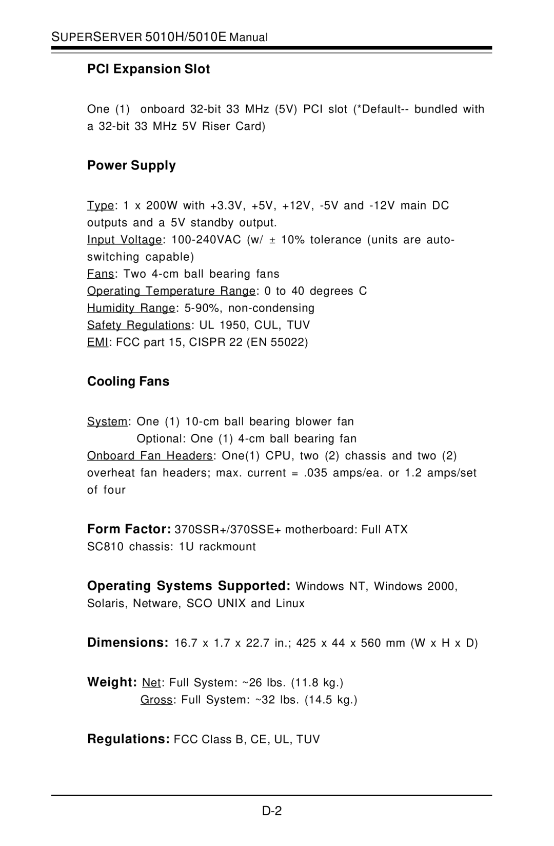 SUPER MICRO Computer 5010E, 5010H user manual PCI Expansion Slot, Power Supply, Cooling Fans 