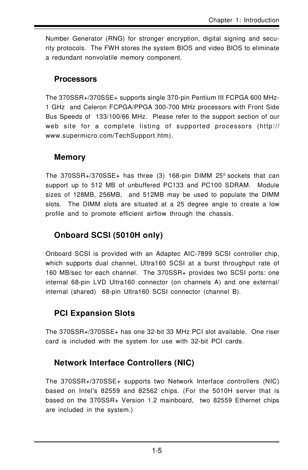 SUPER MICRO Computer Processors Memory, Onboard Scsi 5010H only, PCI Expansion Slots, Network Interface Controllers NIC 