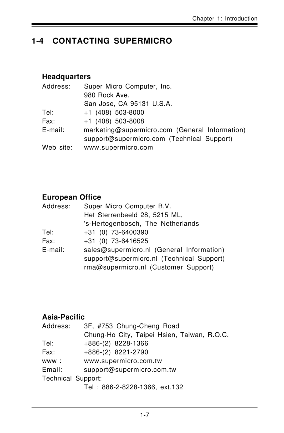 SUPER MICRO Computer 5010H, 5010E user manual Headquarters, European Office, Asia-Pacific 