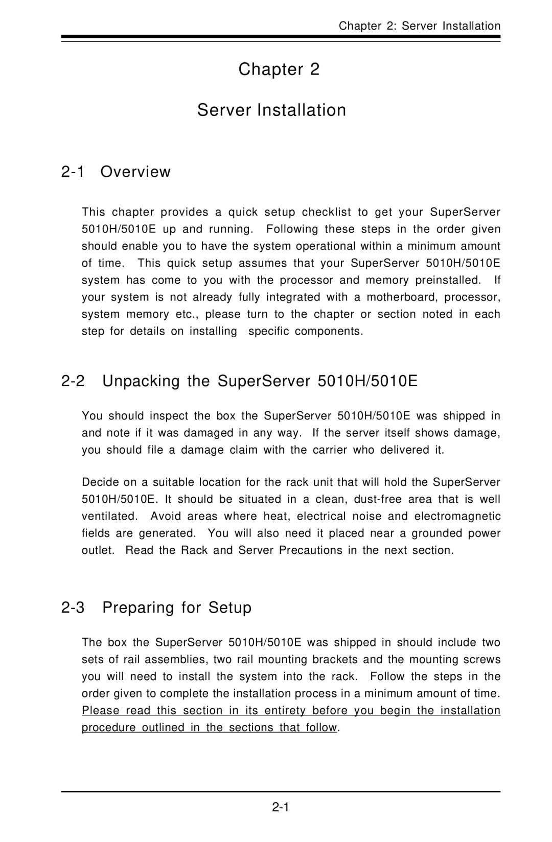 SUPER MICRO Computer user manual Chapter Server Installation, Unpacking the SuperServer 5010H/5010E, Preparing for Setup 