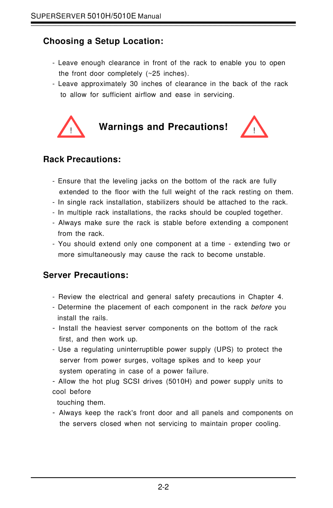 SUPER MICRO Computer 5010E, 5010H user manual Choosing a Setup Location, Rack Precautions, Server Precautions 