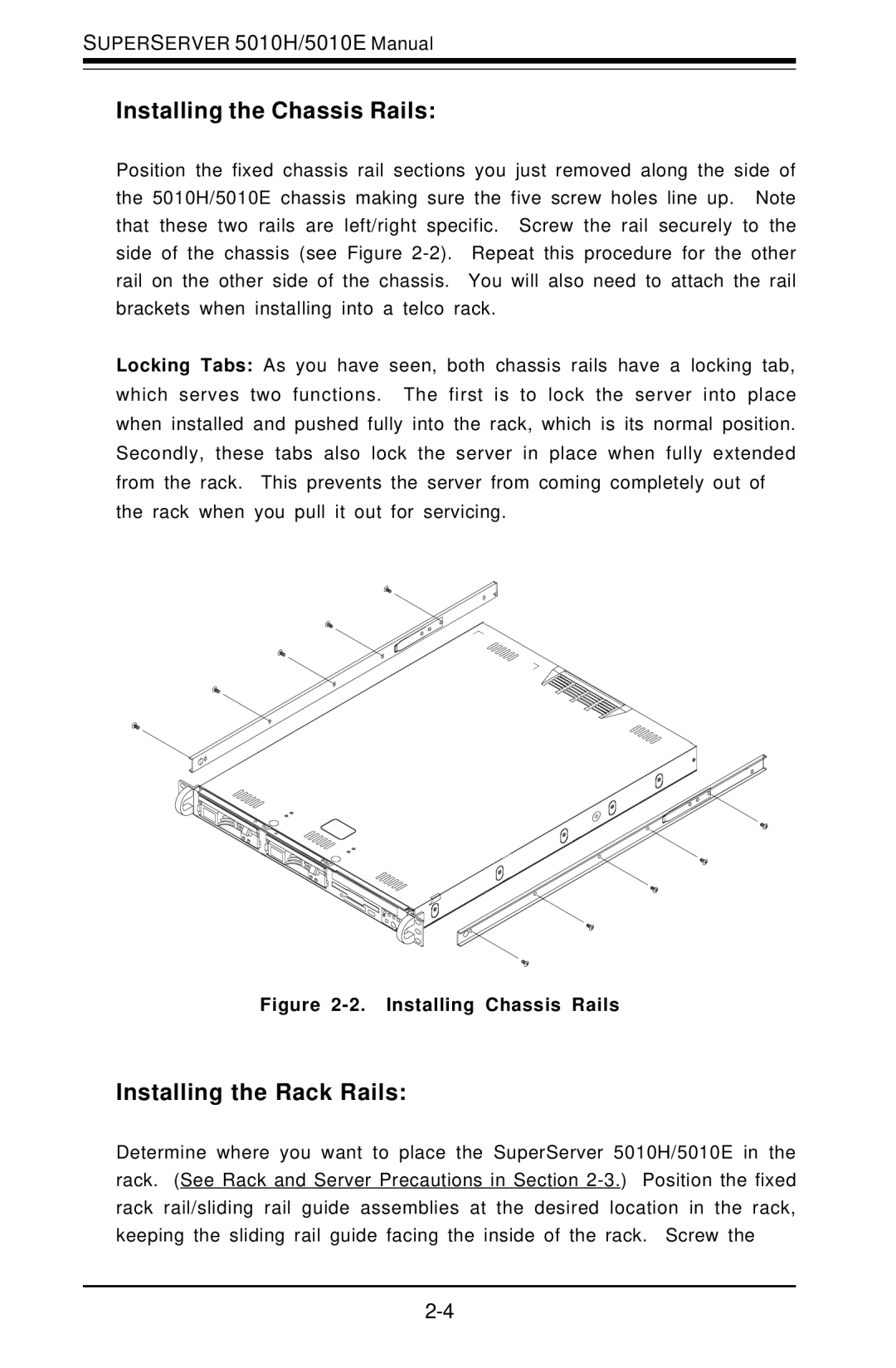 SUPER MICRO Computer 5010E, 5010H user manual Installing the Chassis Rails, Installing the Rack Rails 