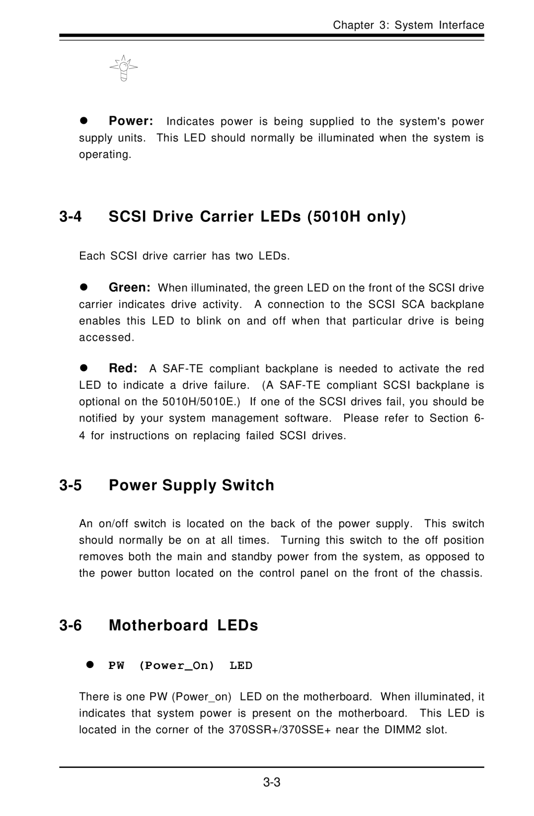 SUPER MICRO Computer 5010E user manual Scsi Drive Carrier LEDs 5010H only, Power Supply Switch, Motherboard LEDs 