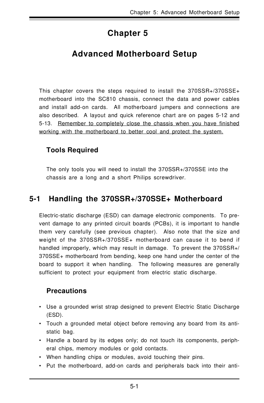 SUPER MICRO Computer 5010H Chapter Advanced Motherboard Setup, Handling the 370SSR+/370SSE+ Motherboard, Tools Required 