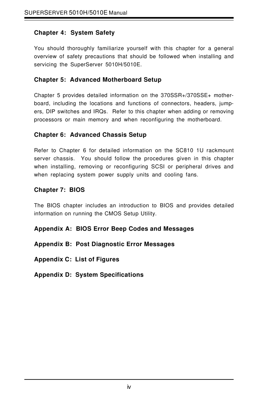 SUPER MICRO Computer 5010E, 5010H user manual System Safety, Advanced Motherboard Setup, Advanced Chassis Setup, Bios 