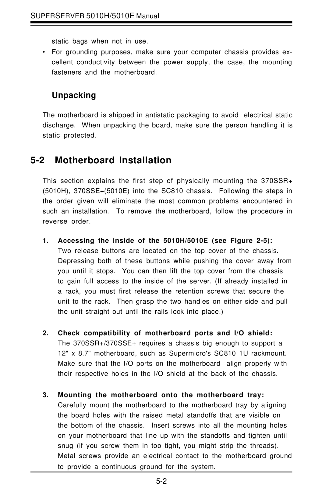 SUPER MICRO Computer 5010E, 5010H user manual Motherboard Installation, Unpacking 