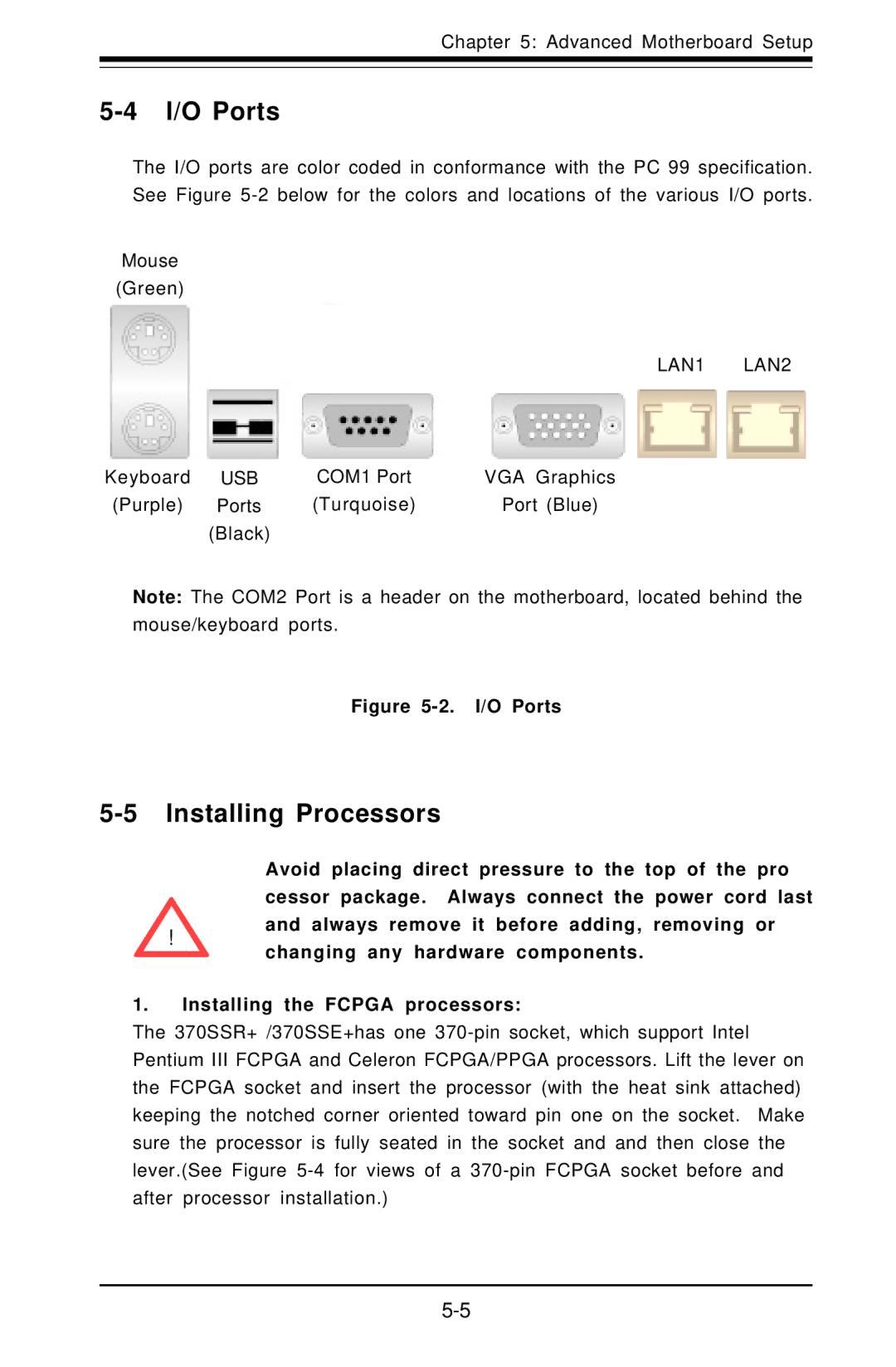 SUPER MICRO Computer 5010H, 5010E user manual I/O Ports, Installing Processors 