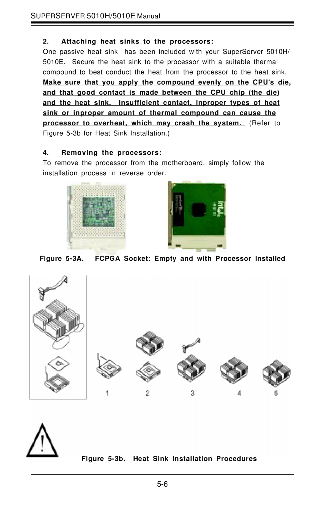 SUPER MICRO Computer 5010E, 5010H user manual Attaching heat sinks to the processors, Removing the processors 