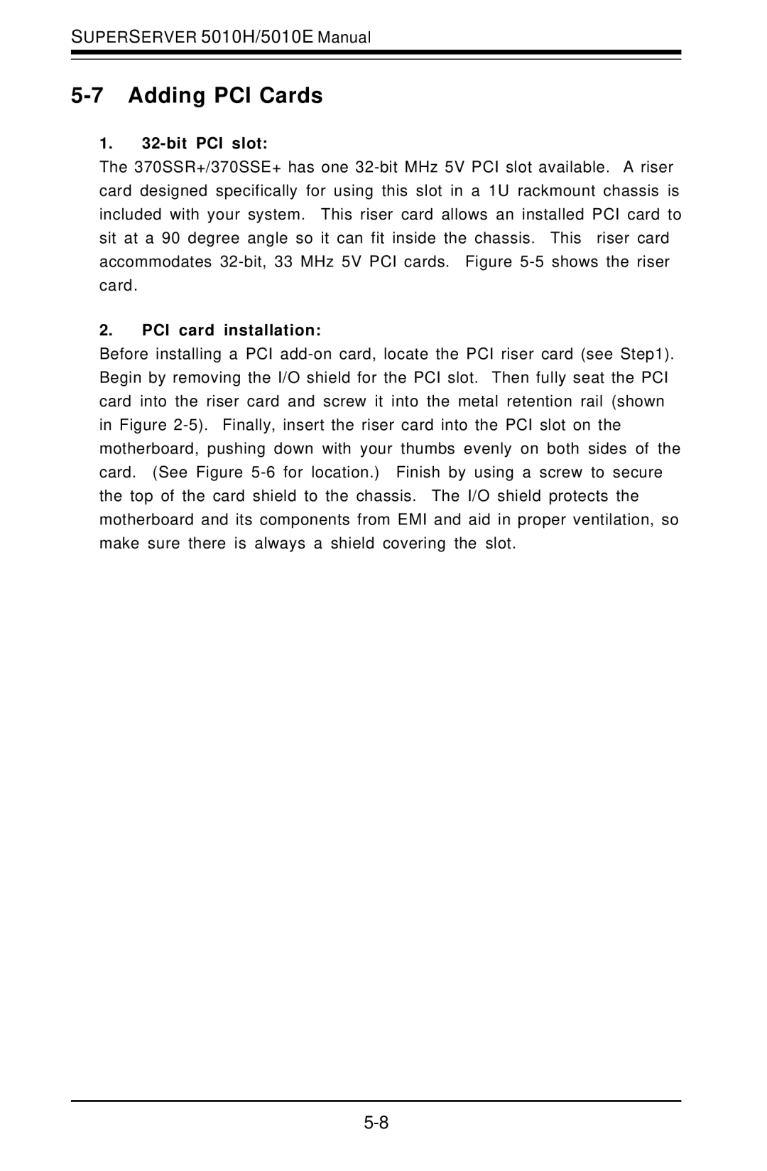 SUPER MICRO Computer 5010E, 5010H user manual Adding PCI Cards, Bit PCI slot, PCI card installation 