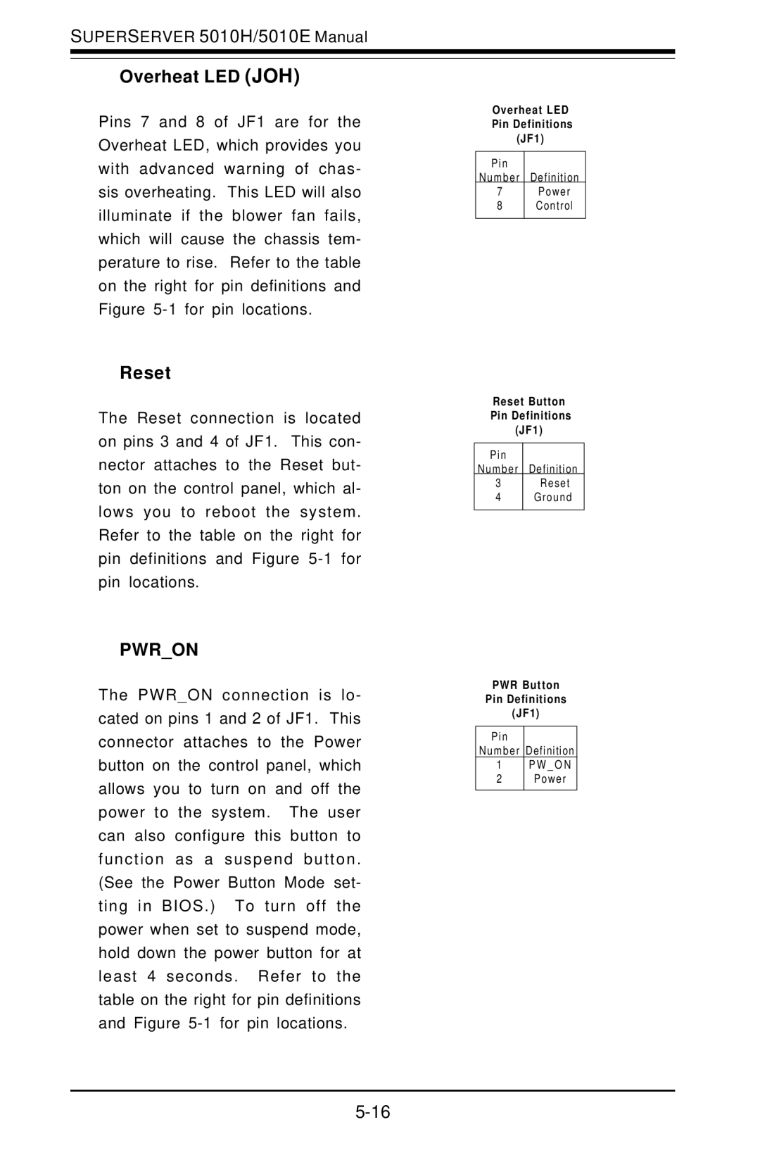 SUPER MICRO Computer 5010E, 5010H user manual Overheat LED JOH, Reset 