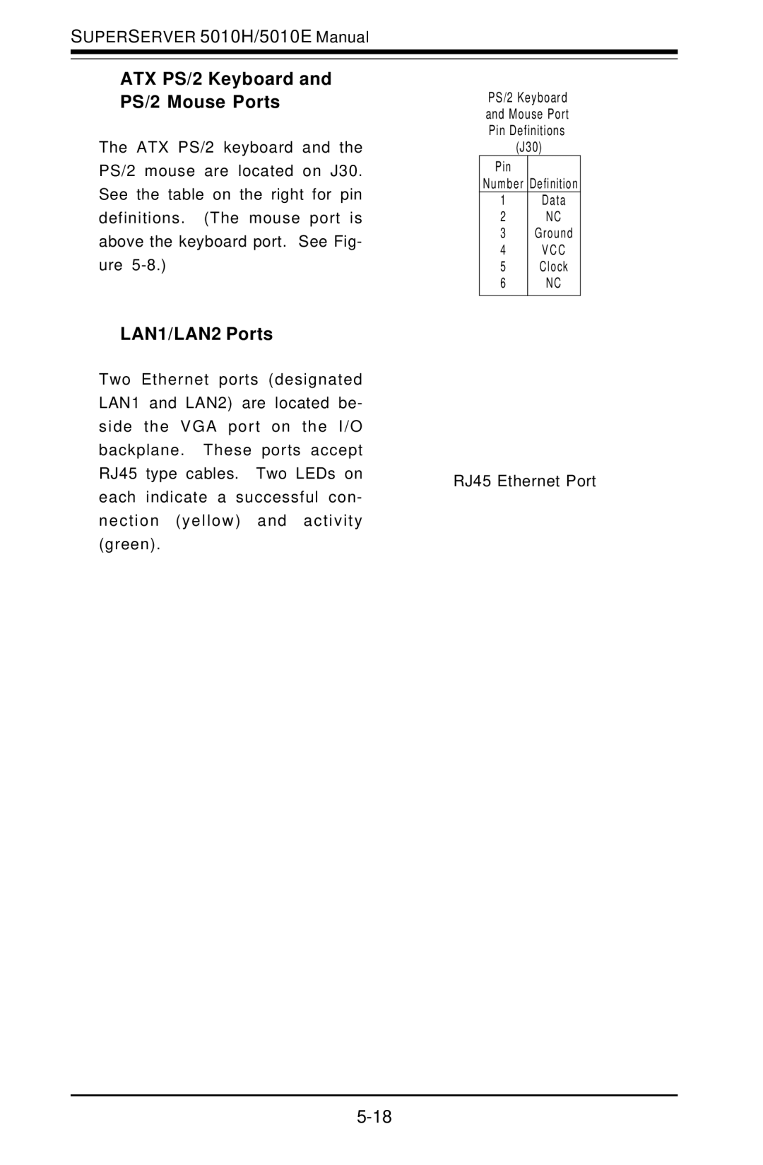 SUPER MICRO Computer 5010E, 5010H user manual ATX PS/2 Keyboard and PS/2 Mouse Ports, LAN1/LAN2 Ports 