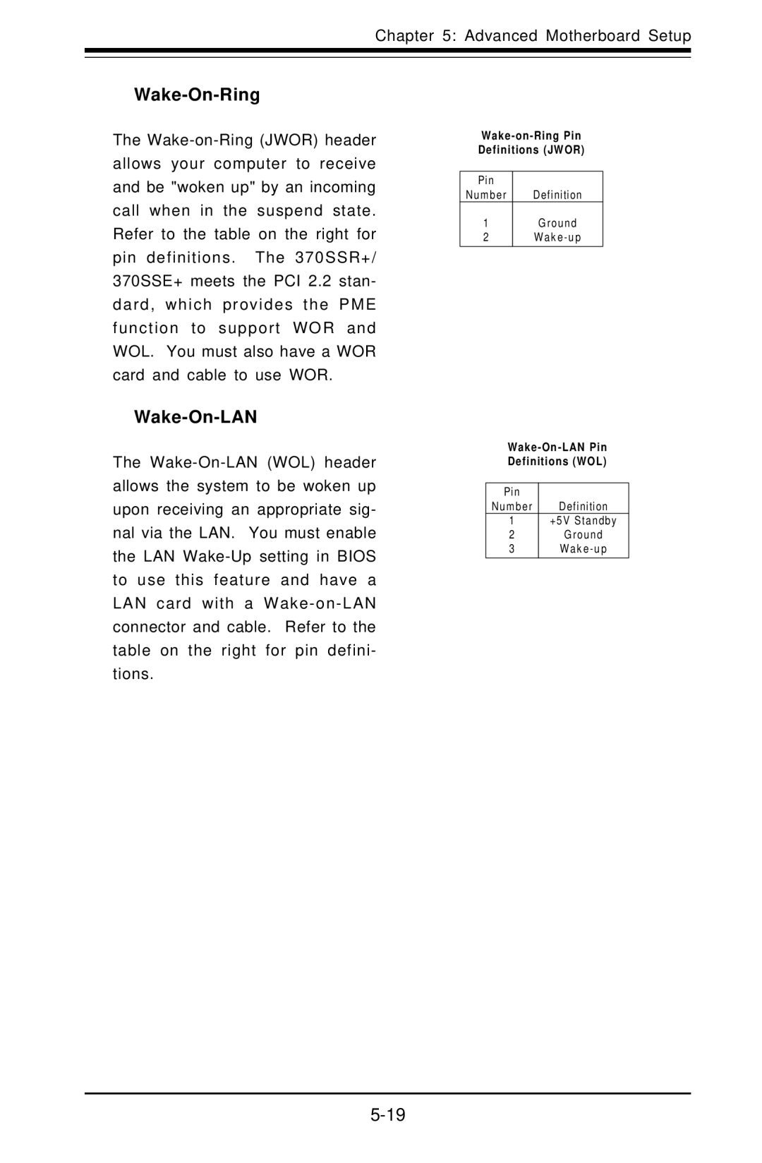 SUPER MICRO Computer 5010H, 5010E user manual Wake-On-Ring, Wake-On-LAN 