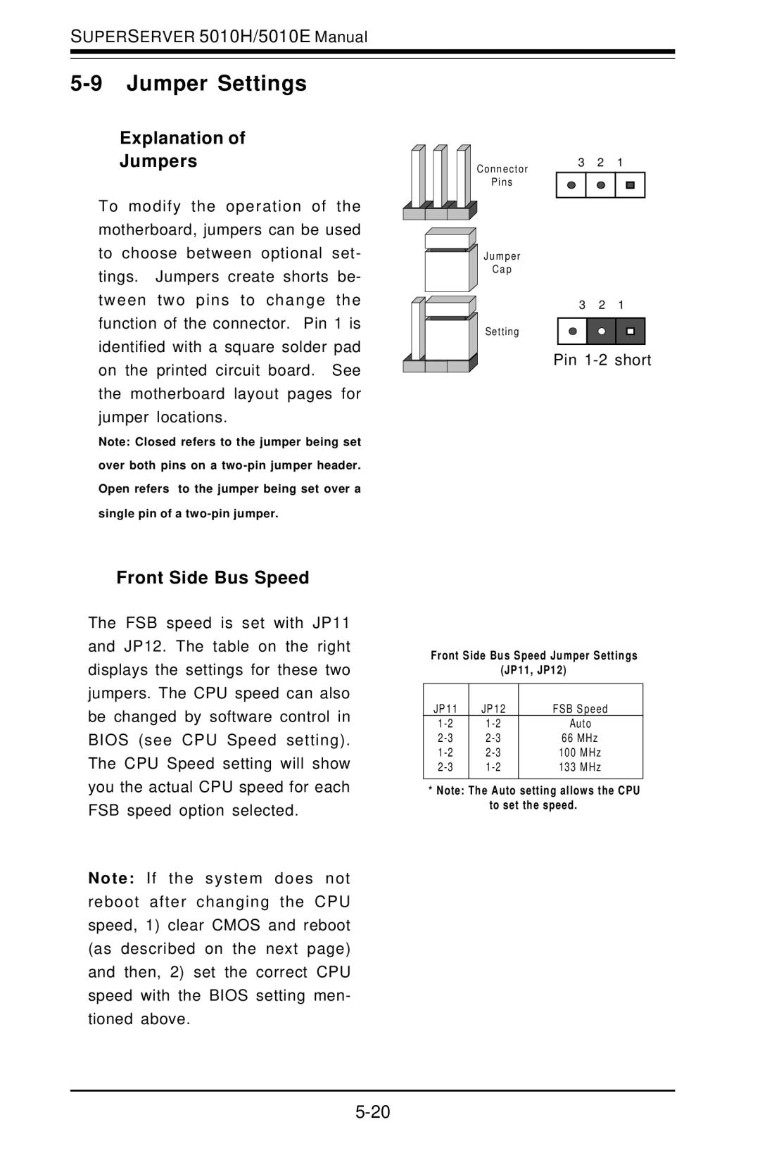 SUPER MICRO Computer 5010E, 5010H user manual Jumper Settings, Explanation Jumpers, Front Side Bus Speed 