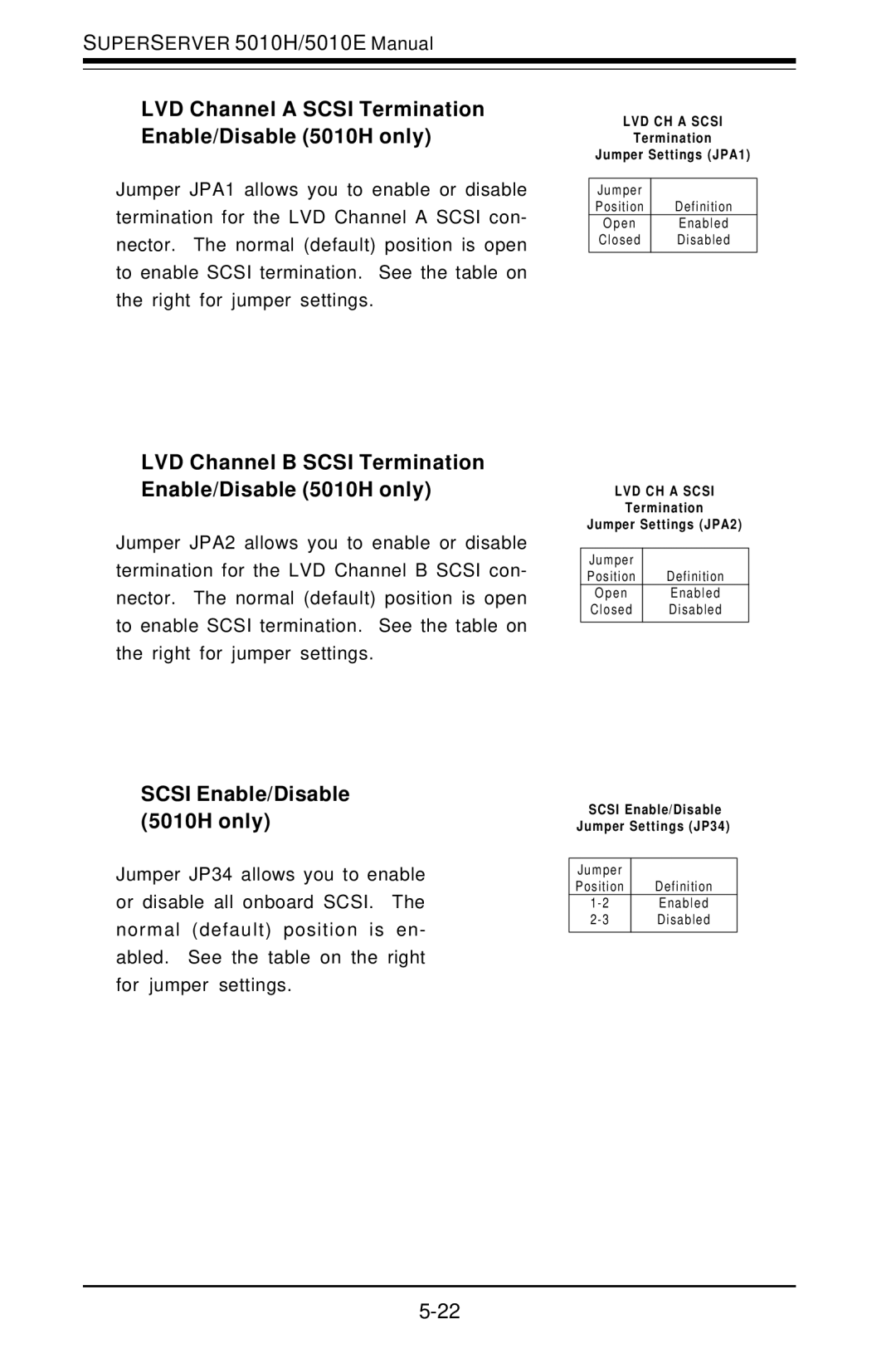 SUPER MICRO Computer 5010E LVD Channel a Scsi Termination Enable/Disable 5010H only, Scsi Enable/Disable 5010H only 