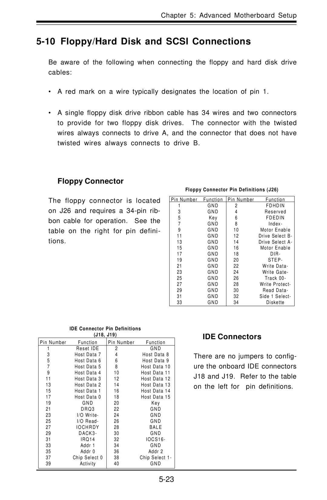 SUPER MICRO Computer 5010H, 5010E user manual Floppy/Hard Disk and Scsi Connections, Floppy Connector, IDE Connectors 