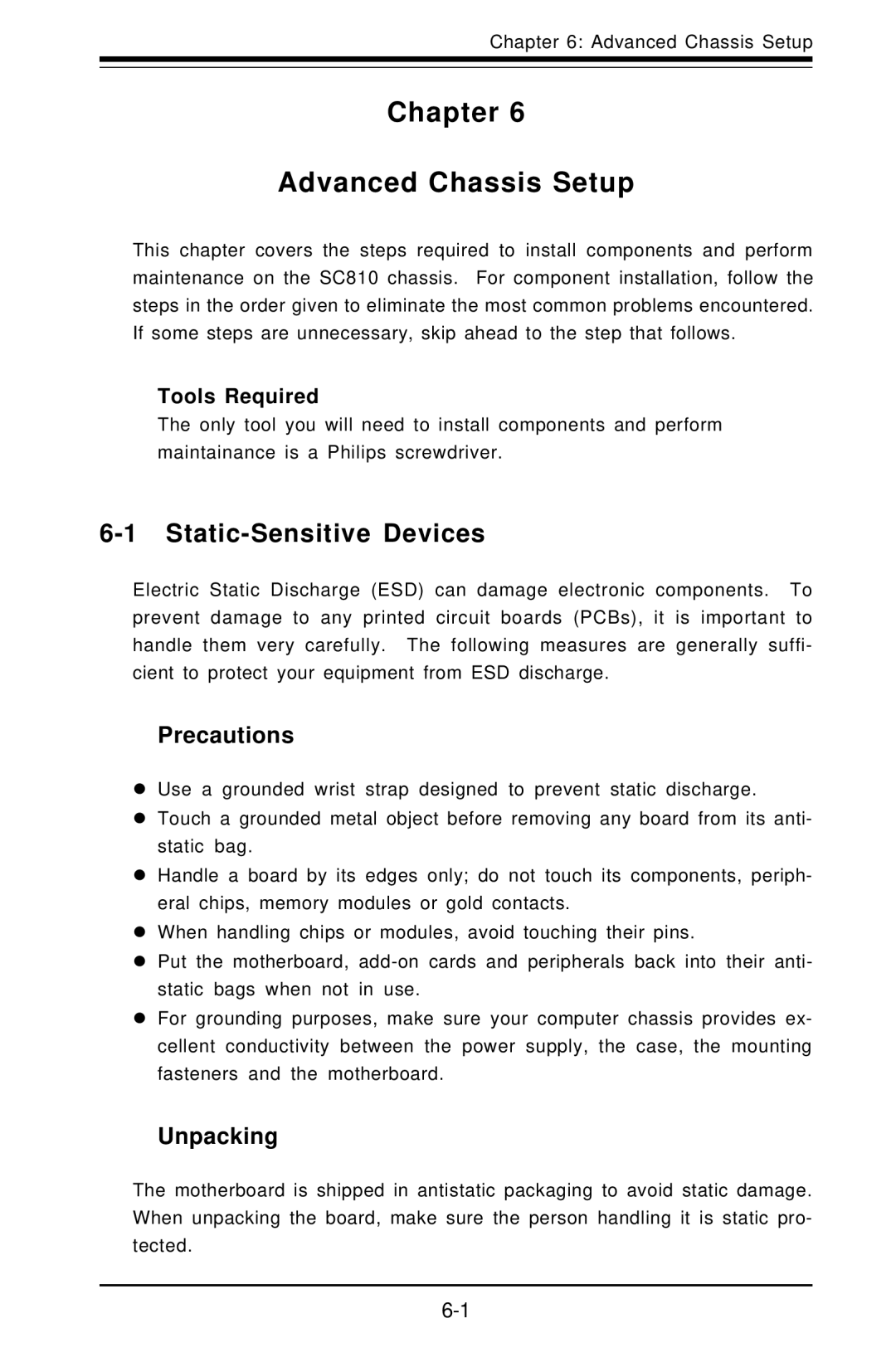 SUPER MICRO Computer 5010H, 5010E user manual Chapter Advanced Chassis Setup, Static-Sensitive Devices, Tools Required 