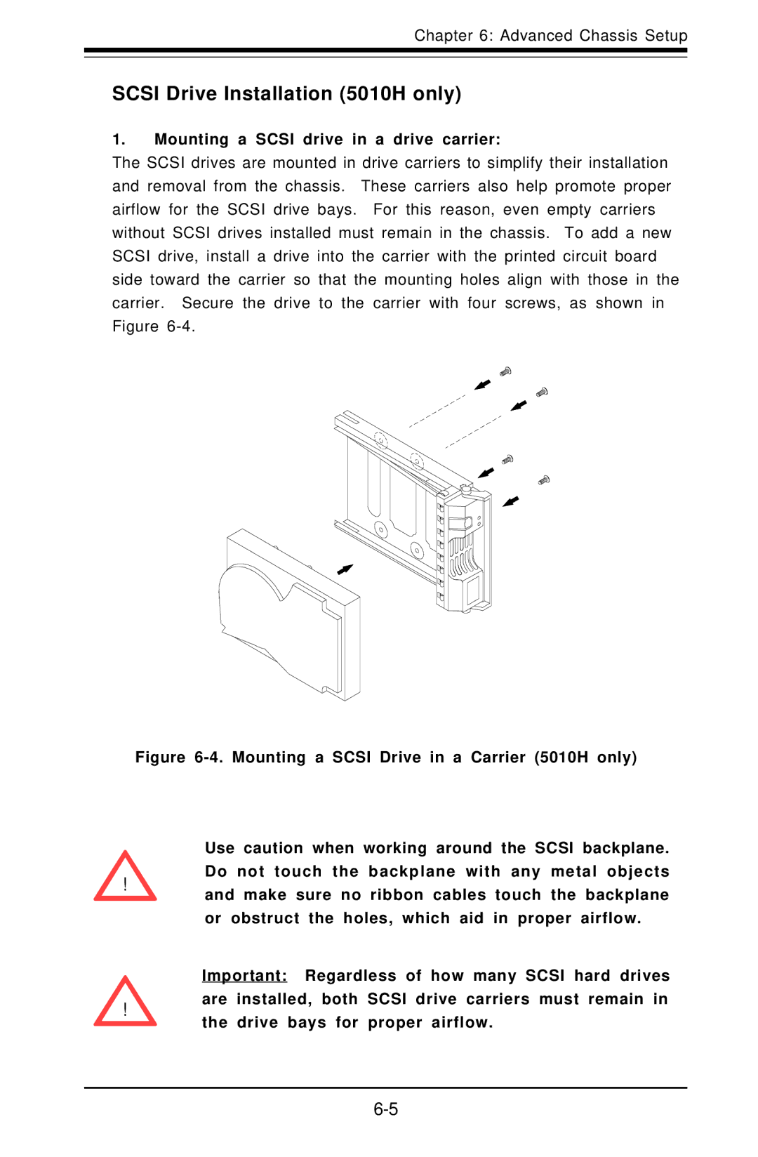 SUPER MICRO Computer 5010E user manual Scsi Drive Installation 5010H only, Mounting a Scsi drive in a drive carrier 