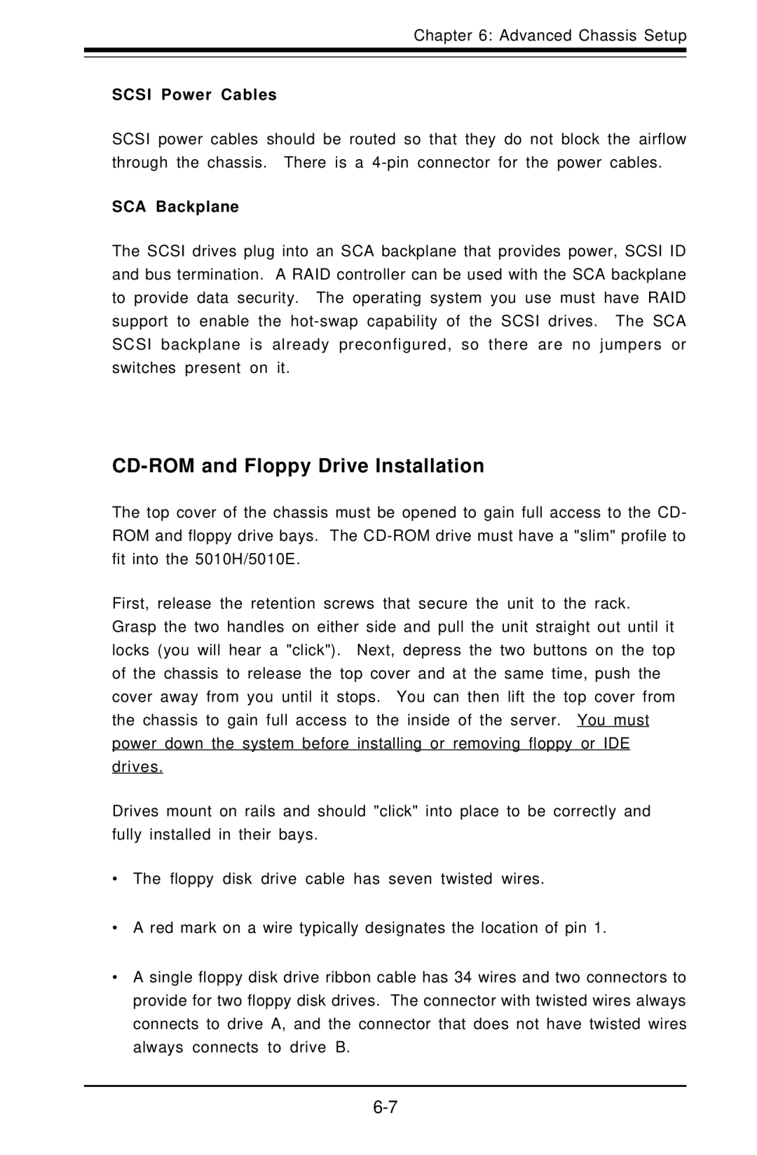 SUPER MICRO Computer 5010H, 5010E user manual CD-ROM and Floppy Drive Installation, Scsi Power Cables, SCA Backplane 