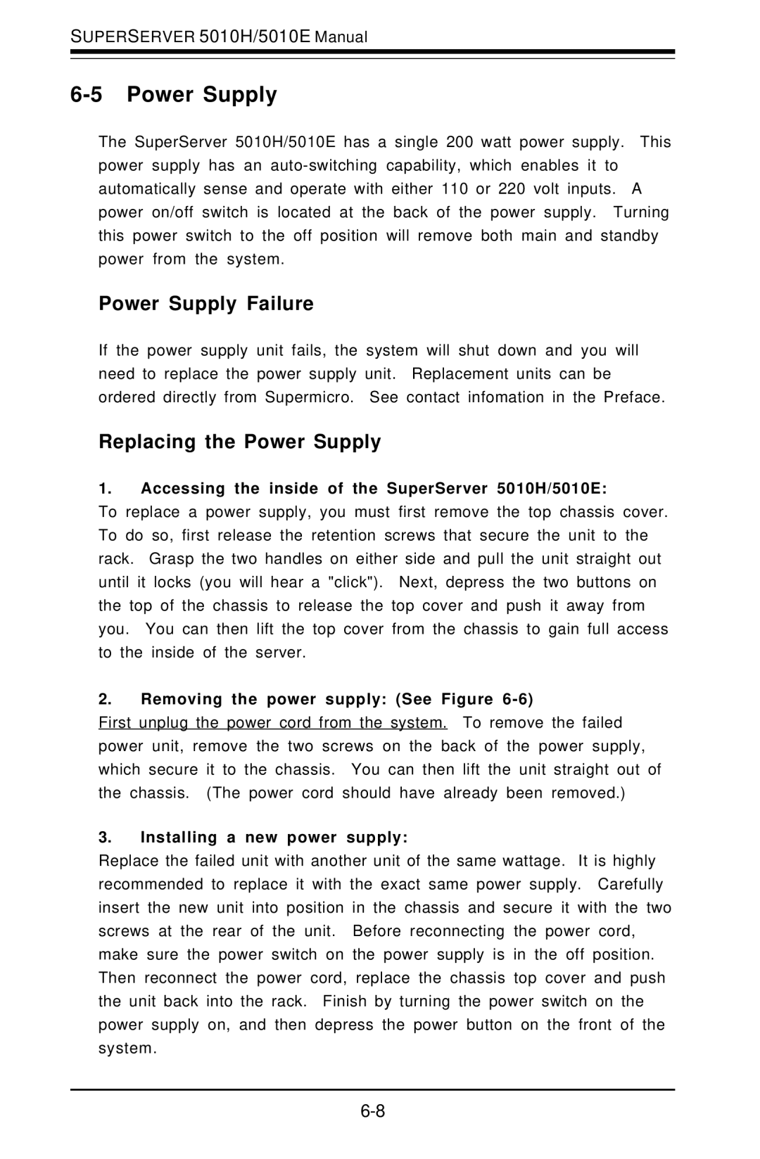 SUPER MICRO Computer 5010E, 5010H user manual Power Supply Failure, Replacing the Power Supply 