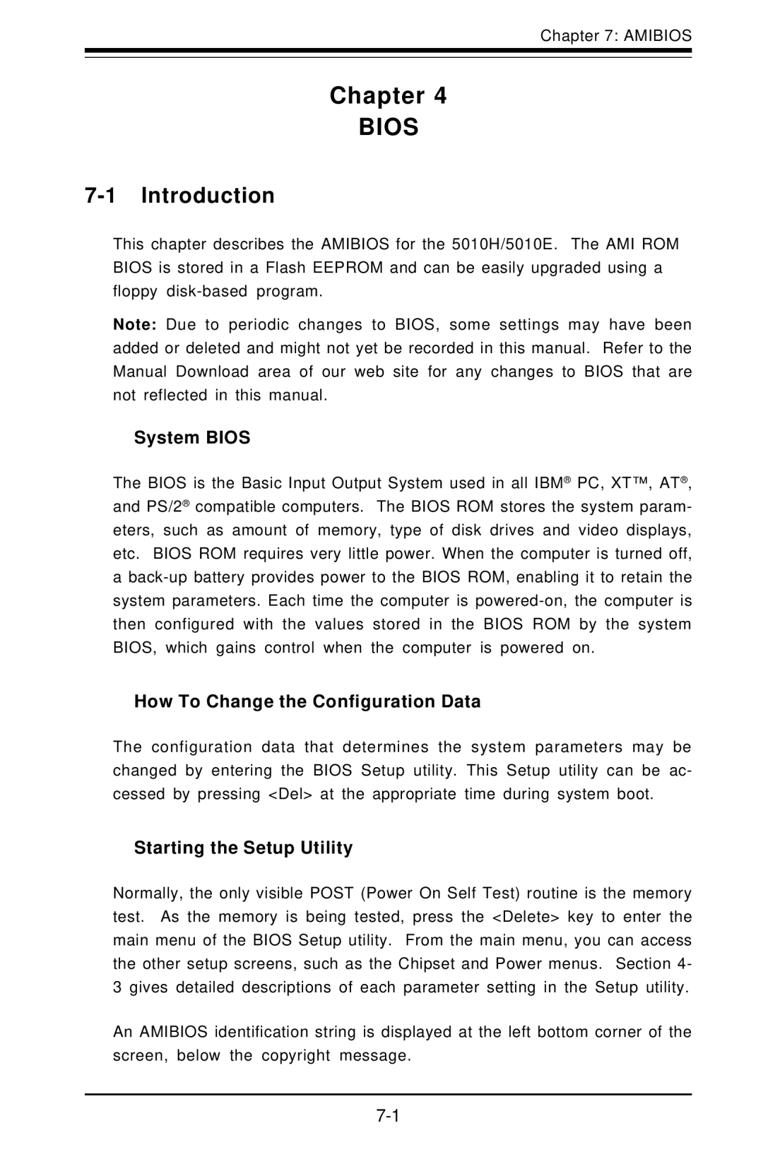 SUPER MICRO Computer 5010H, 5010E user manual Chapter, Introduction, System Bios, How To Change the Configuration Data 